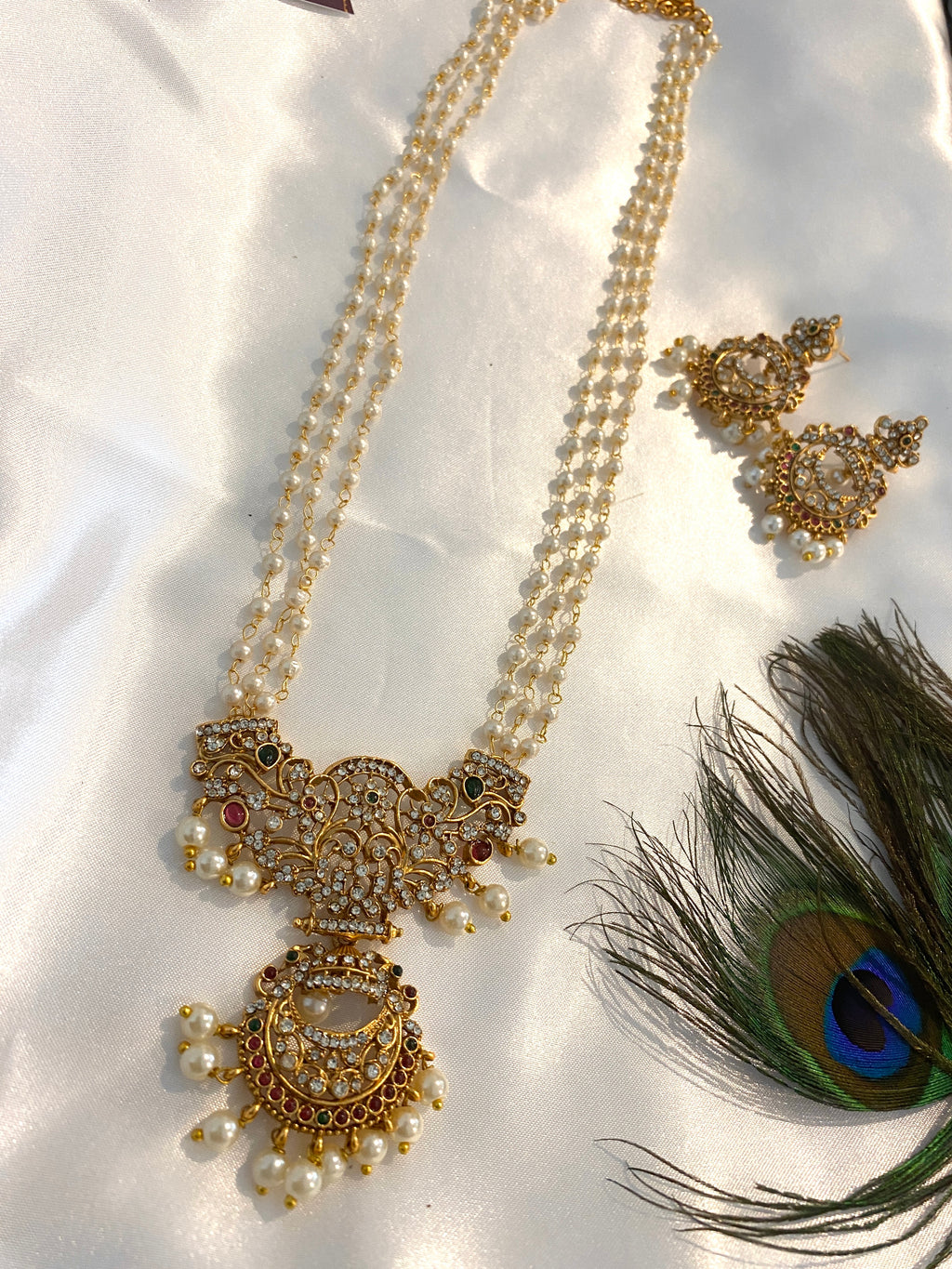 Pearl Design Long Haram Set | Floral Stone Pendant