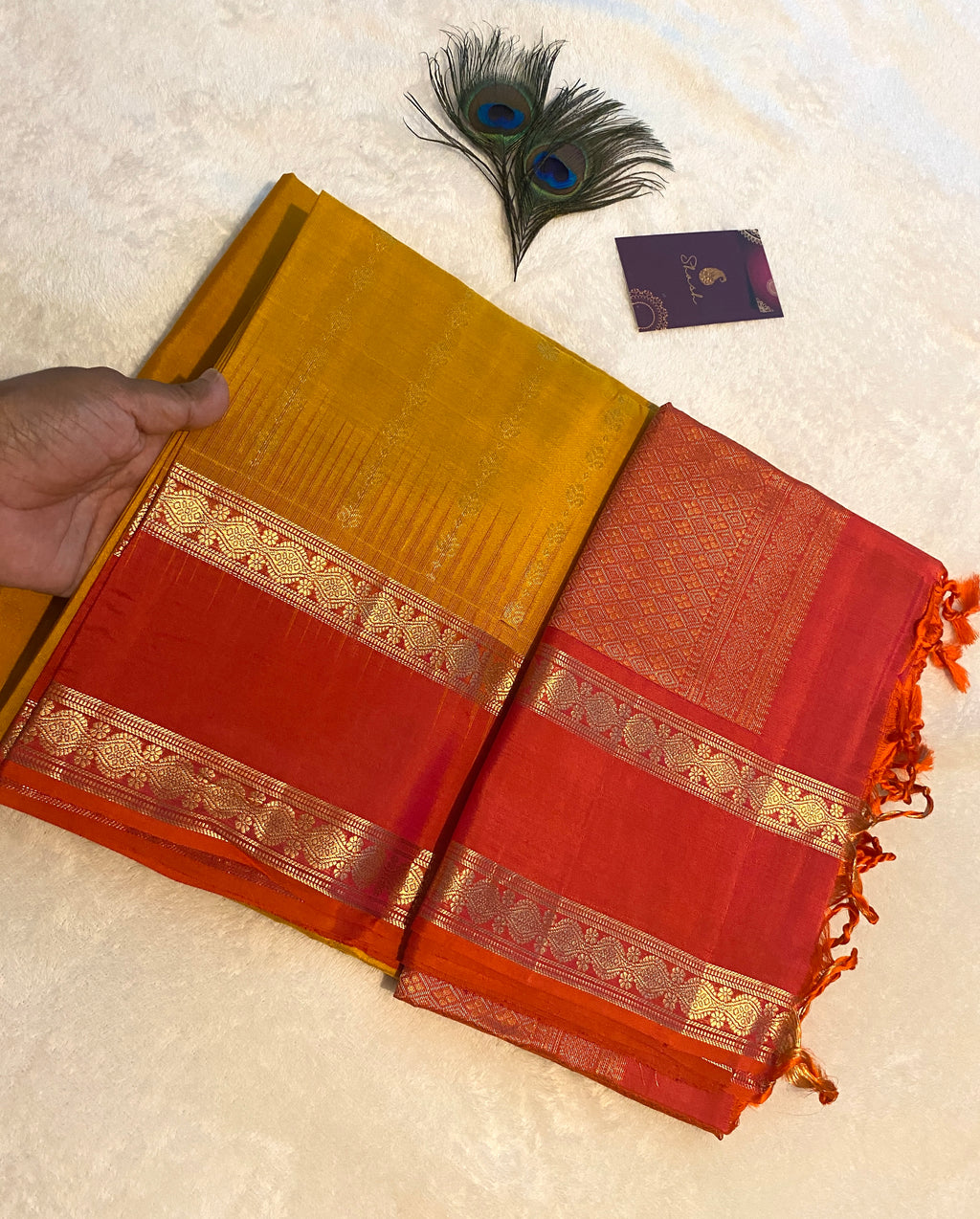 Pure Kanchipuram Soft Silk Saree | Mustard Yellow with Reddish Orange Border