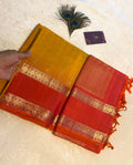 Pure Kanchipuram Soft Silk Saree | Mustard Yellow with Reddish Orange Border