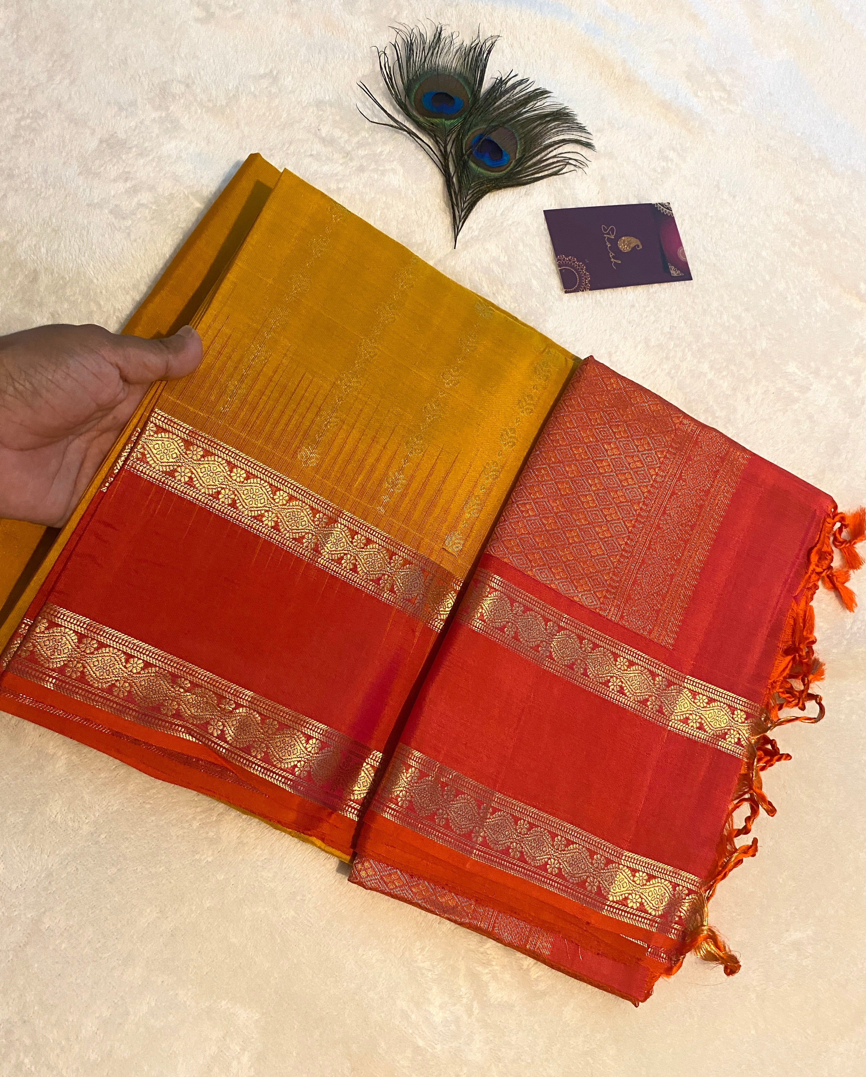 Pure Kanchipuram Soft Silk Saree | Mustard Yellow with Reddish Orange Border