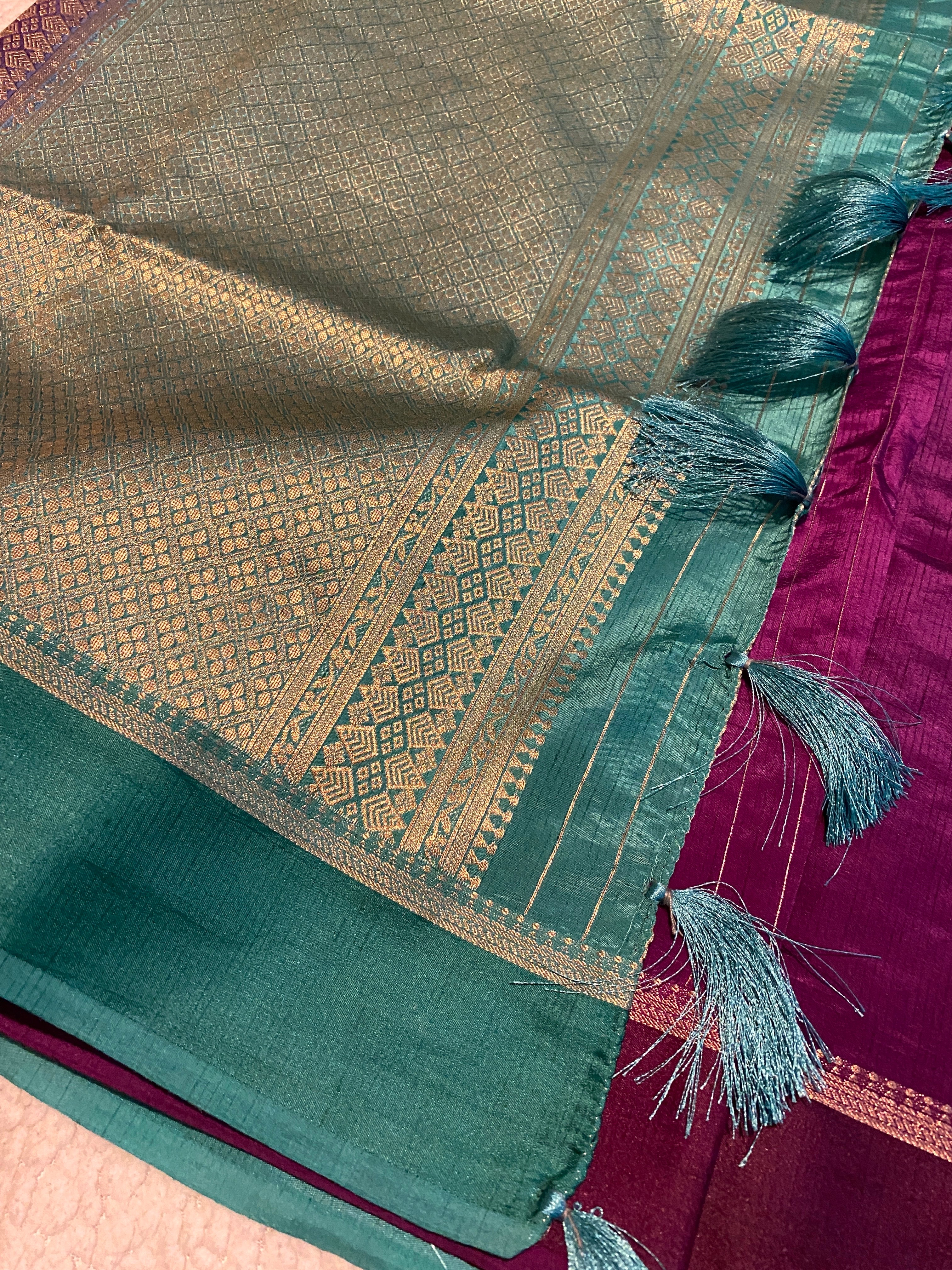 Royal Purple Semi-Soft Silk Saree with Teal Green Blouse & Pallu