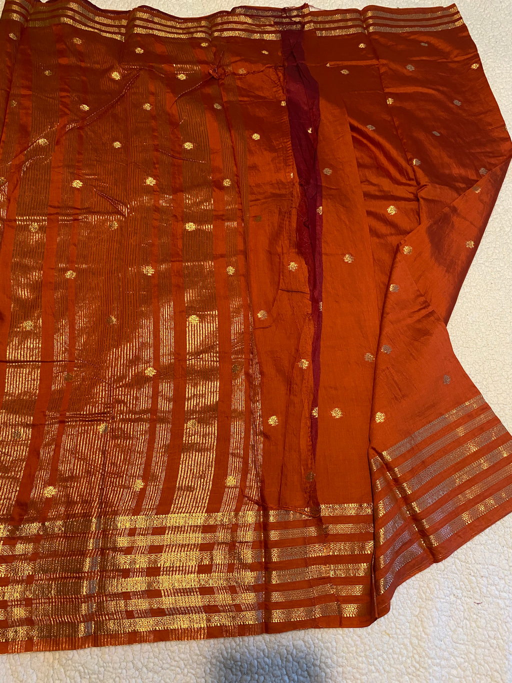 Assam Silk Saree in Burnt Orange with Gold Zari Border & Contrast Deep Reddish Maroon Blouse