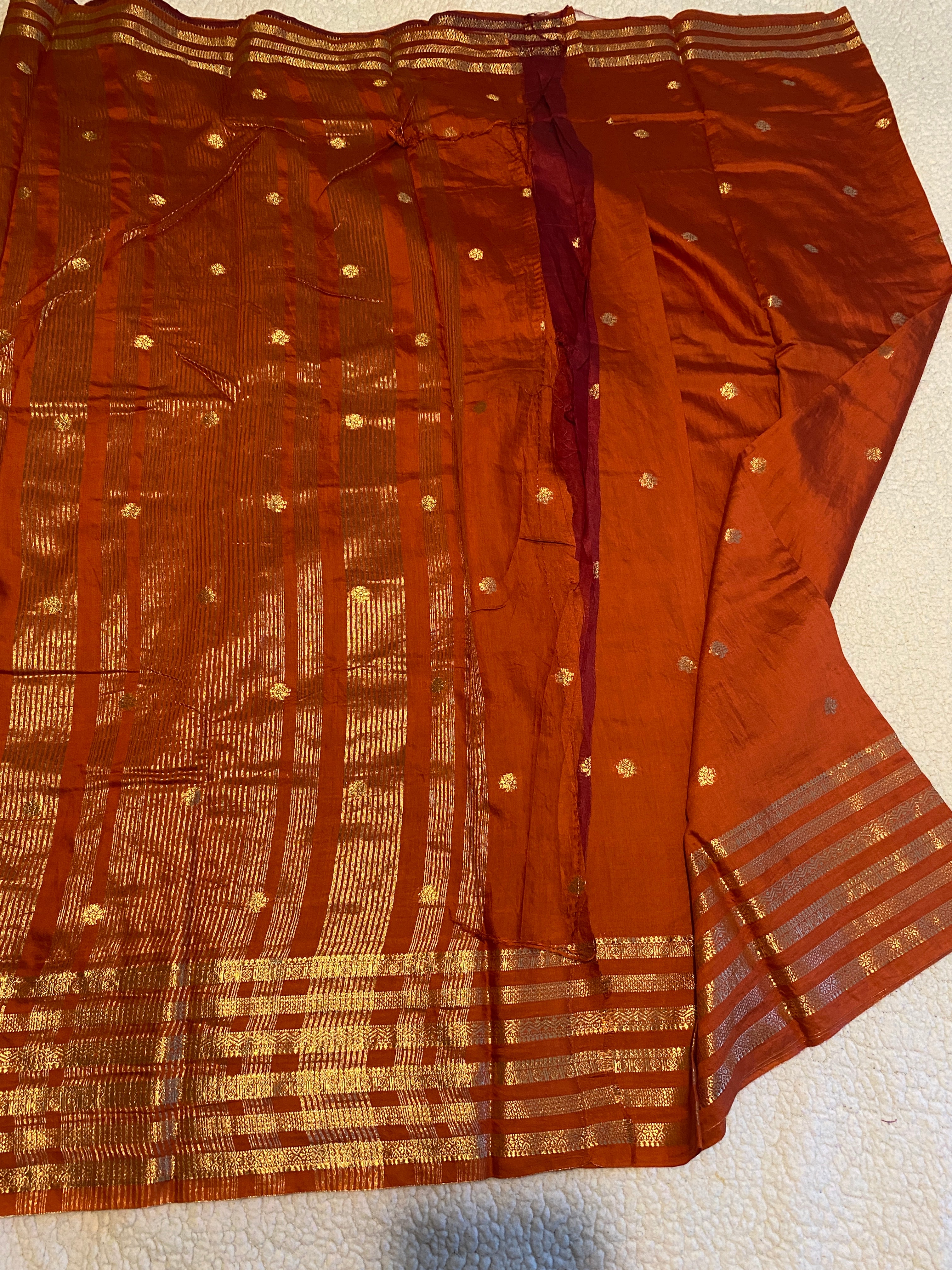 Assam Silk Saree in Burnt Orange with Gold Zari Border & Contrast Deep Reddish Maroon Blouse