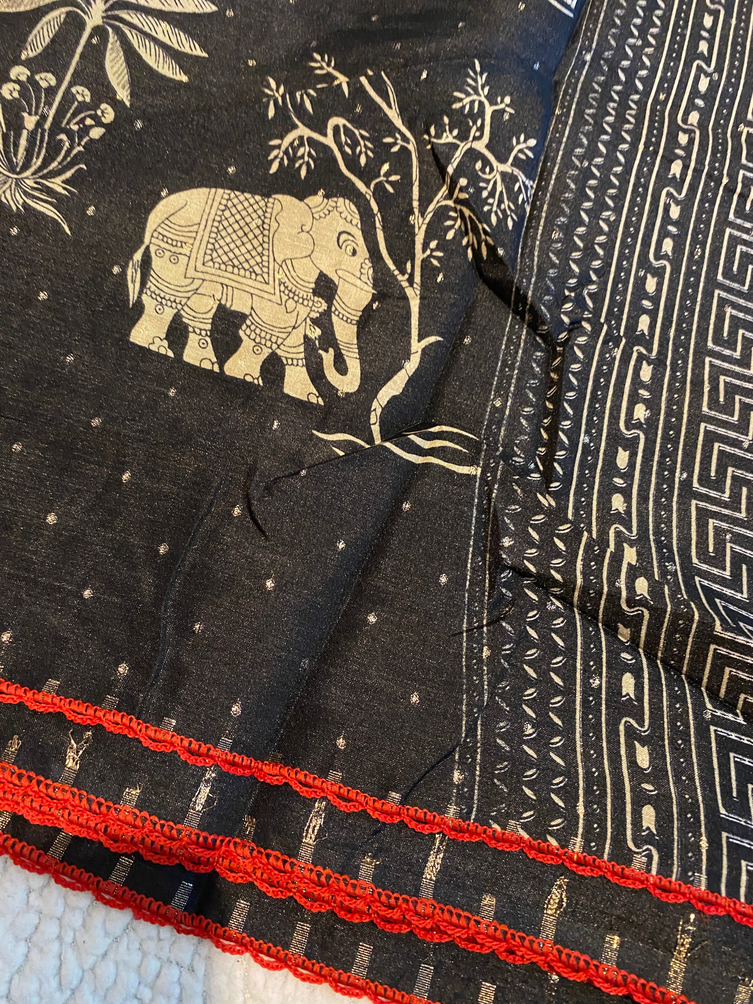 Black Fancy Cotton Saree with Elephant Motif | Elegant Ethnic Wear with Contrast Red Border