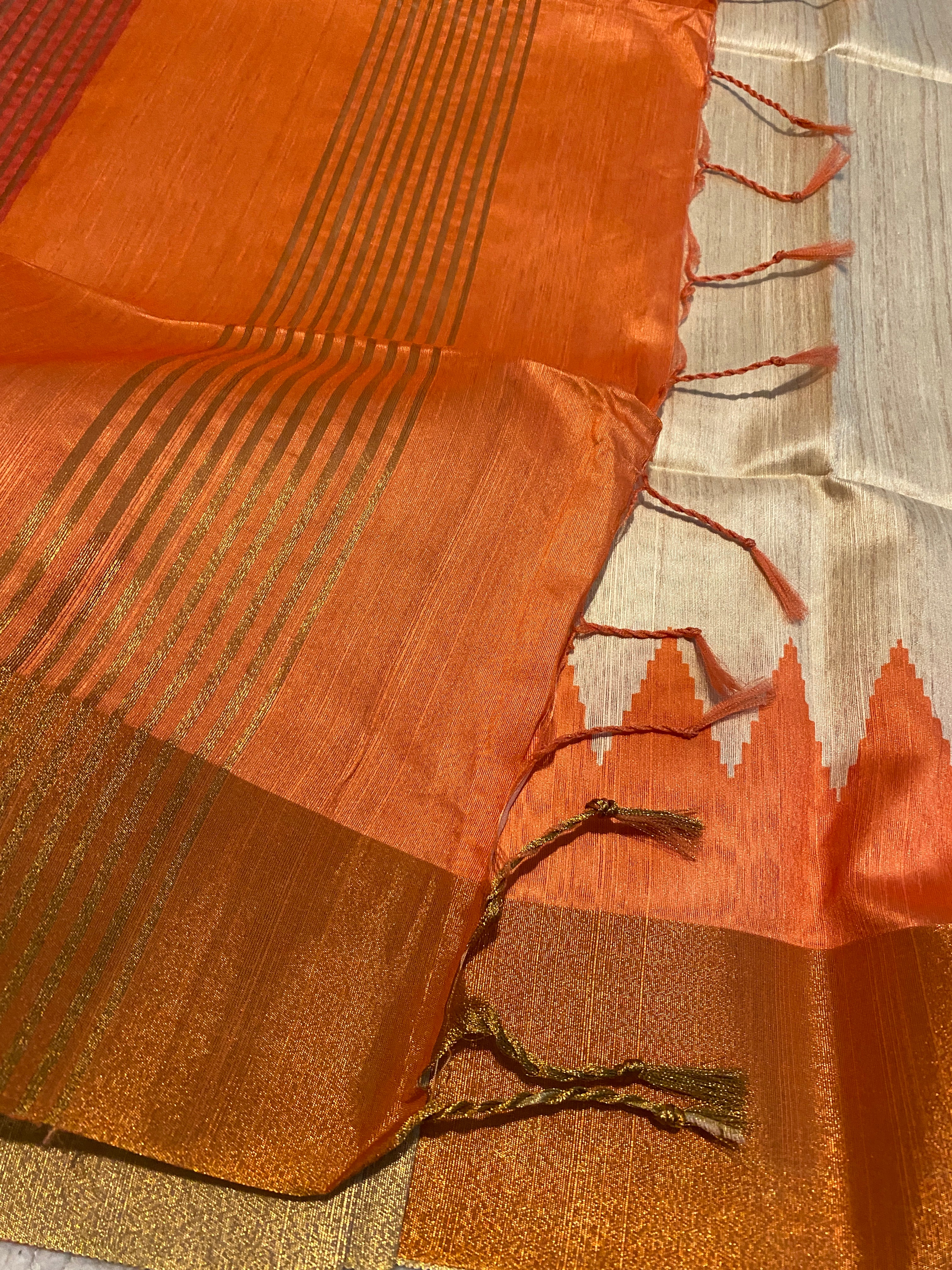 Cream Semi-Jute Tussar Saree with Ganga Jamuna Temple Border