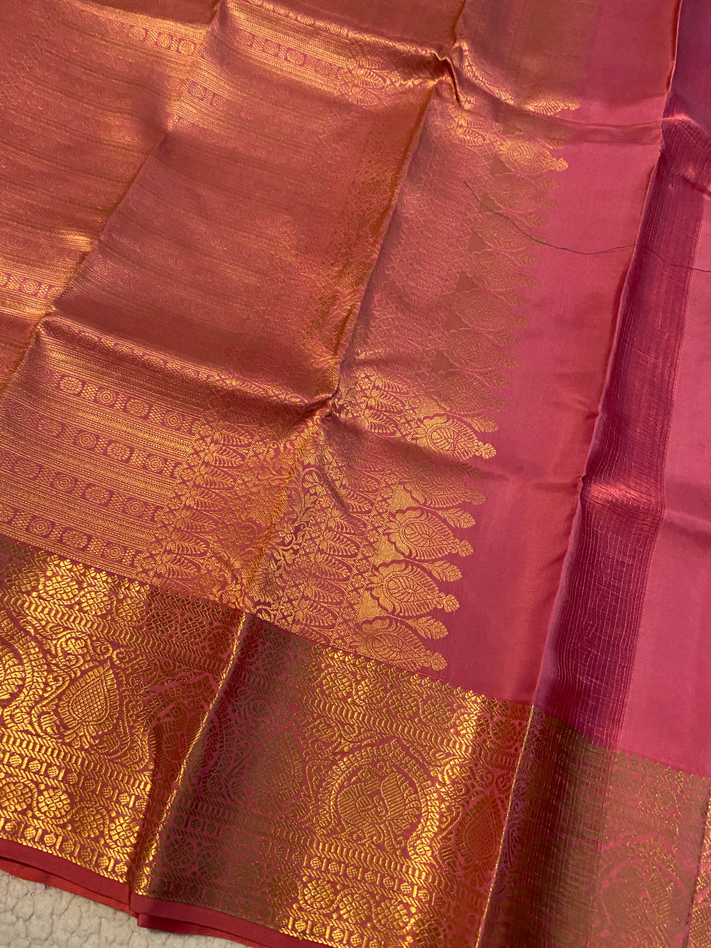 Pure Kanchipuram Silk Saree | Emerald Green with Pink Gold Zari Border