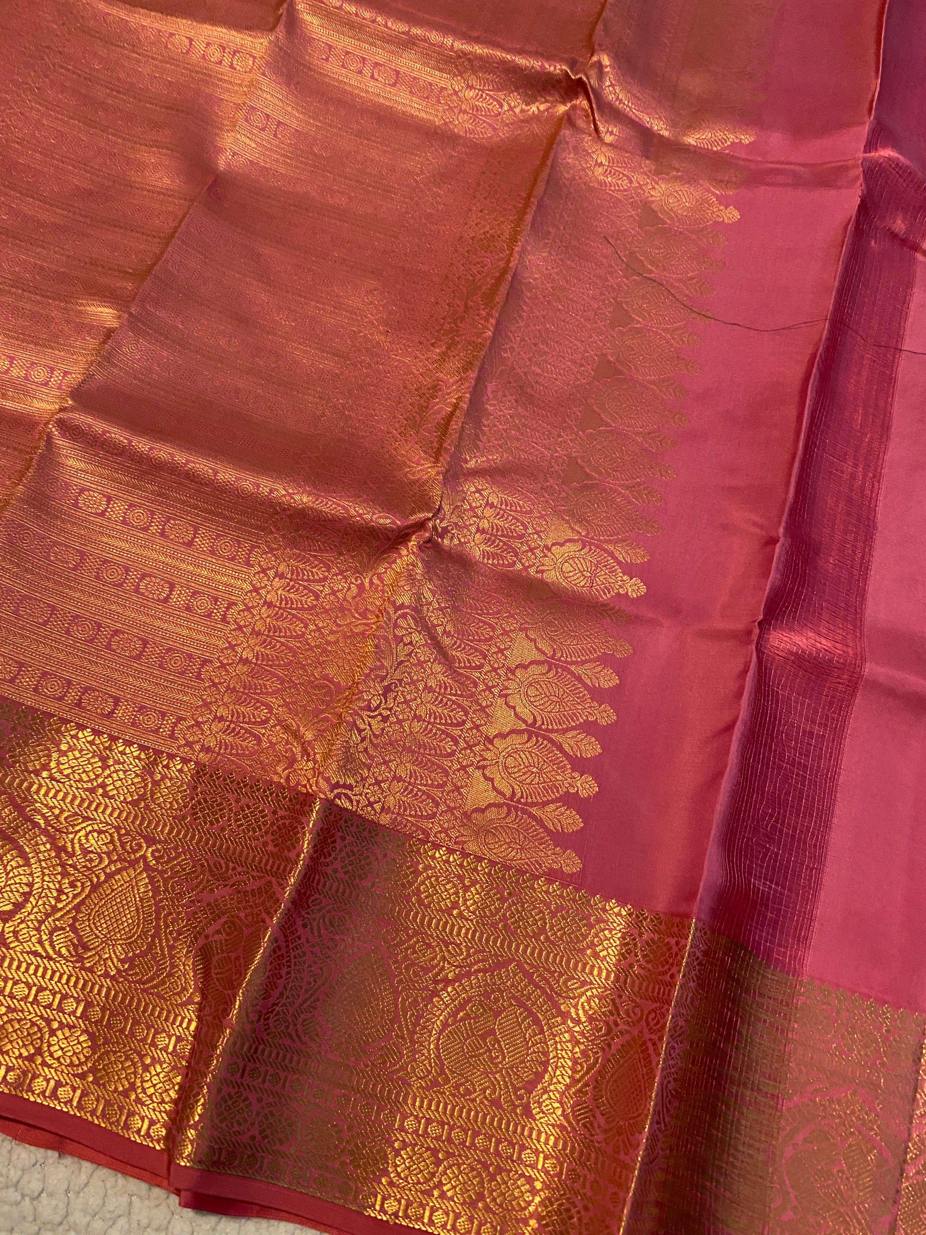 Pure Kanchipuram Silk Saree | Emerald Green with Pink Gold Zari Border