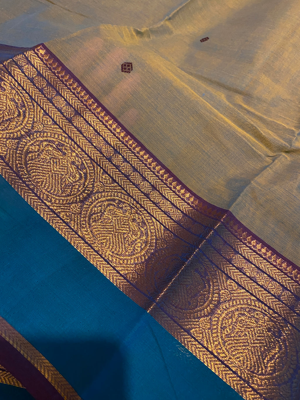Pure Kanchi Cotton Saree | Olive Green with Contrast Blue Border