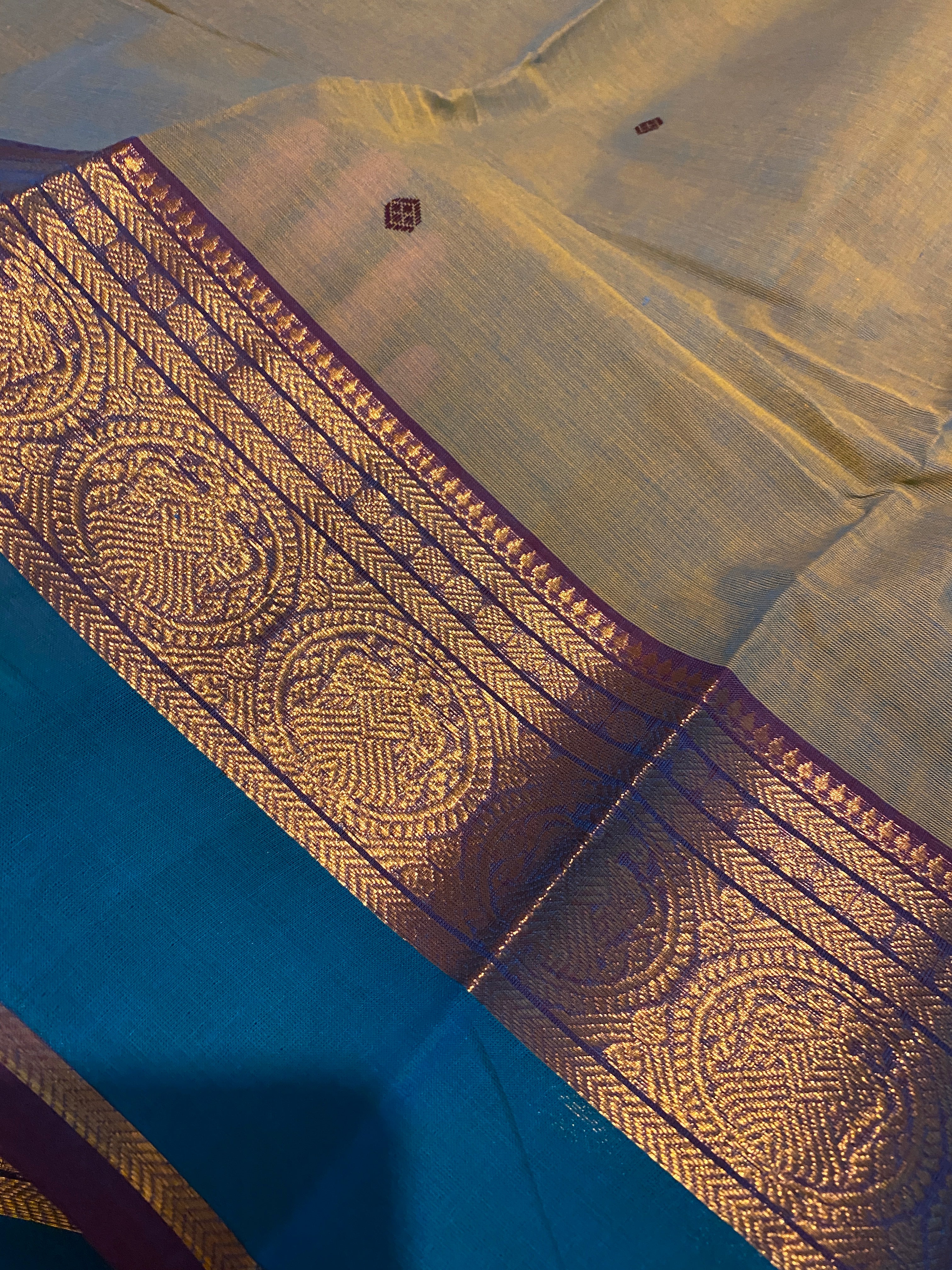 Pure Kanchi Cotton Saree | Olive Green with Contrast Blue Border