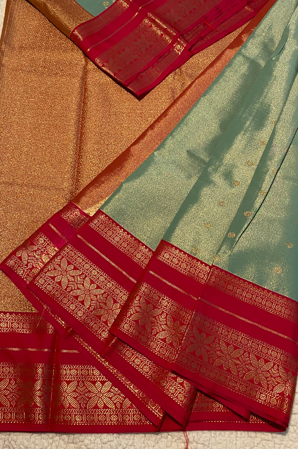 Shimmering Sage Green & Rani Pink Semi-Kanchipuram Silk Saree with Gold Zari Border