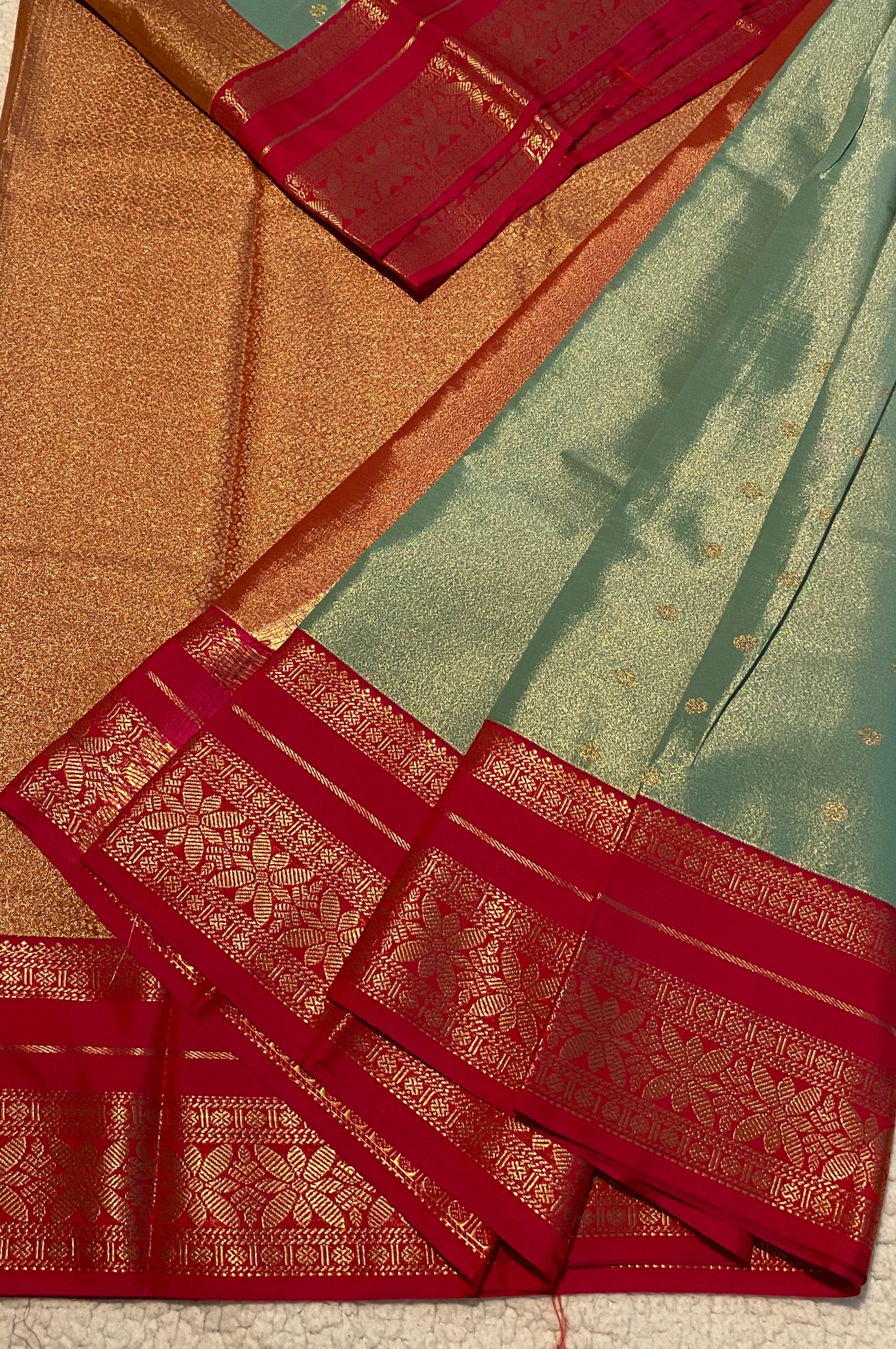 Shimmering Sage Green & Rani Pink Semi-Kanchipuram Silk Saree with Gold Zari Border