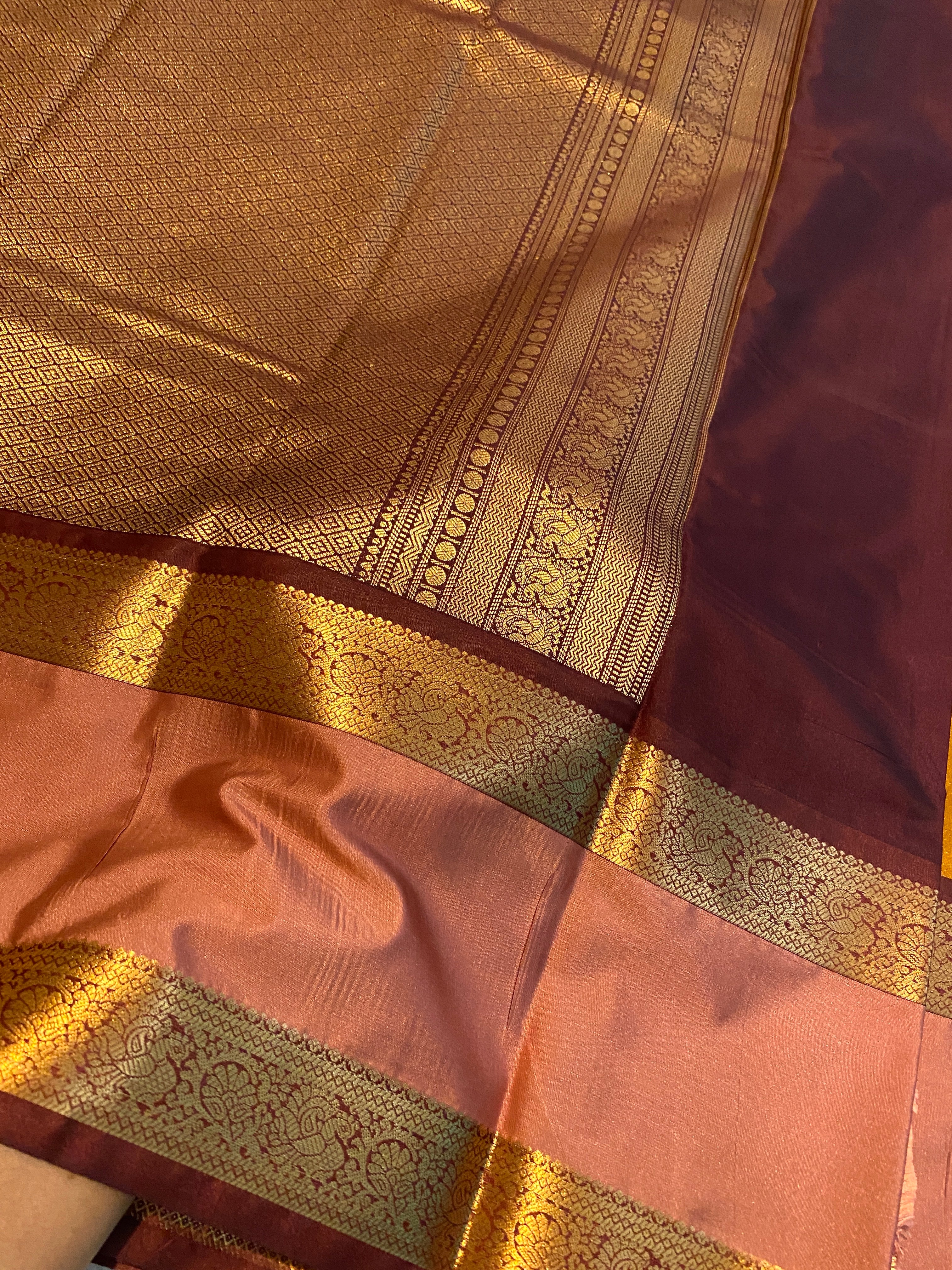 Mustard Gold & Dusty Rose Semi-Kanchipuram Silk Saree