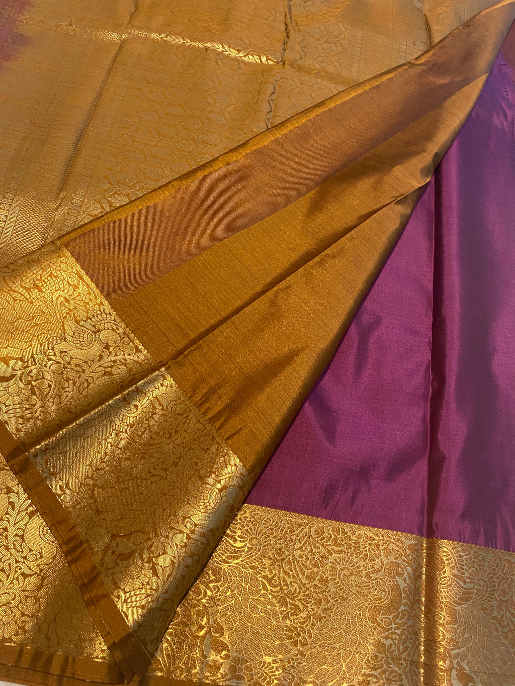 Magenta Purple and Antique Mustard Gold Semi-Kanchipuram Silk Saree with Rich Gold Zari Border
