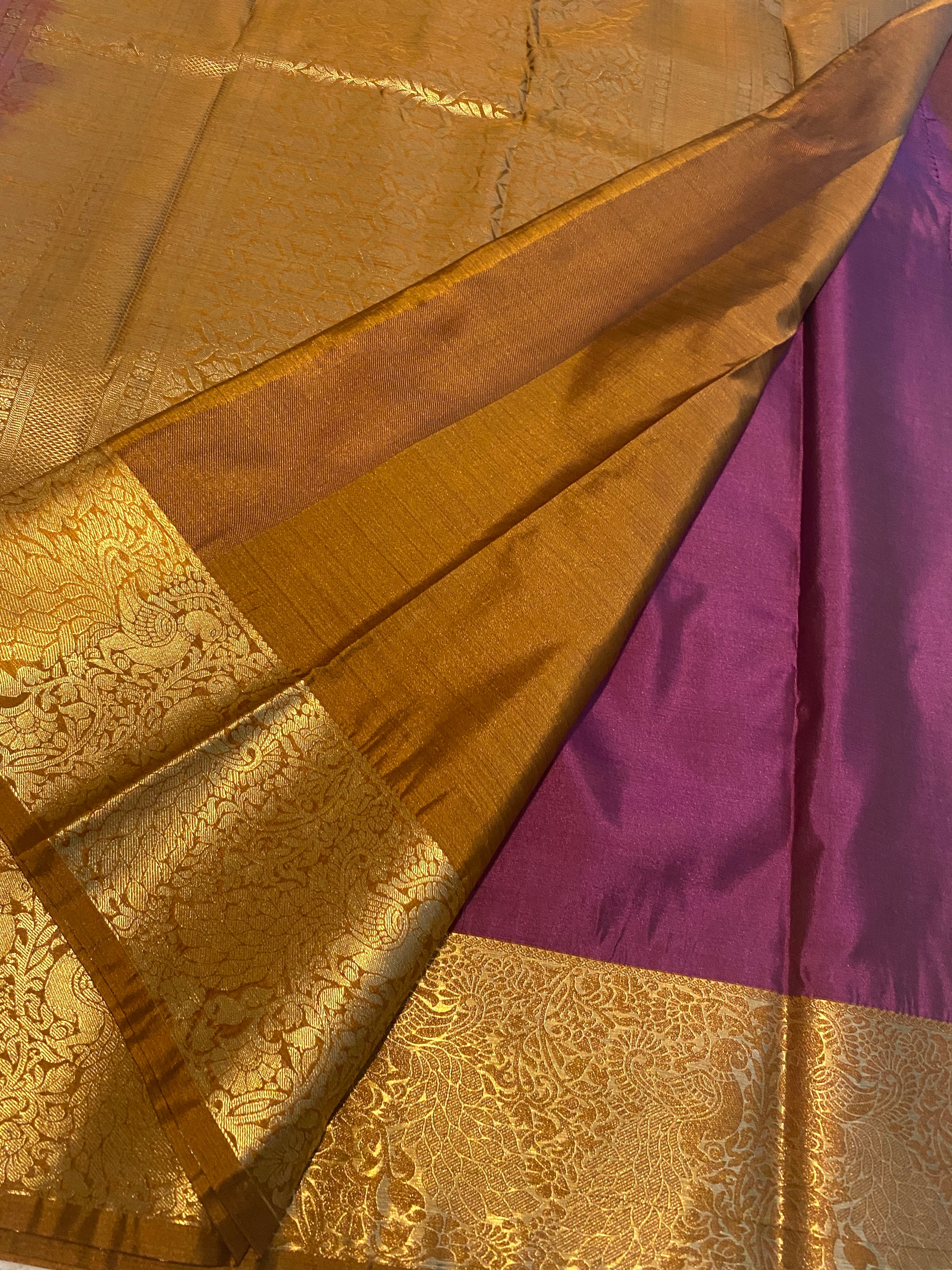 Magenta Purple and Antique Mustard Gold Semi-Kanchipuram Silk Saree with Rich Gold Zari Border