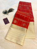 Semi-Kanchipuram Silk Saree in Red with Off-White Pallu & Gold Zari Border