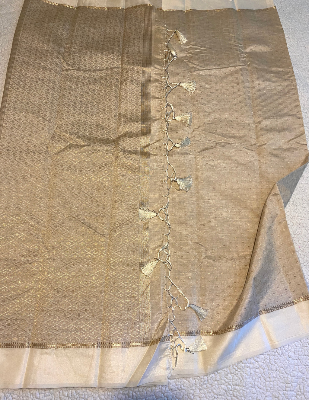 Beige Tussar Silk Saree with Satin Ivory Border & Woven Pallu