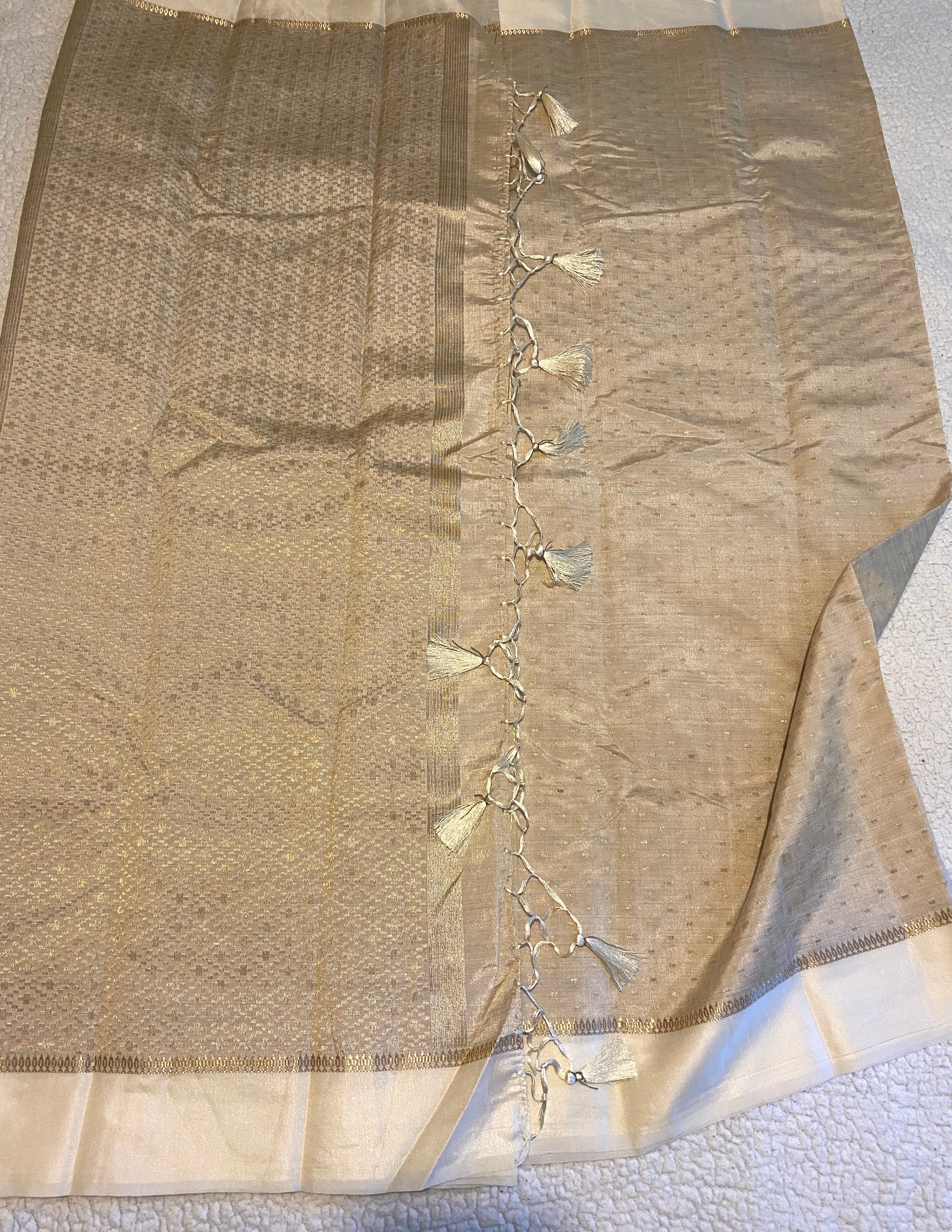 Beige Tussar Silk Saree with Satin Ivory Border & Woven Pallu