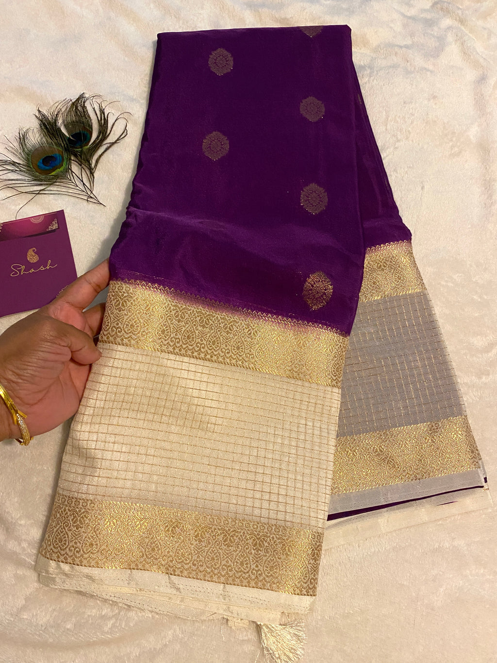 Elegant Purple & Off-White Semi Crepe Silk Saree