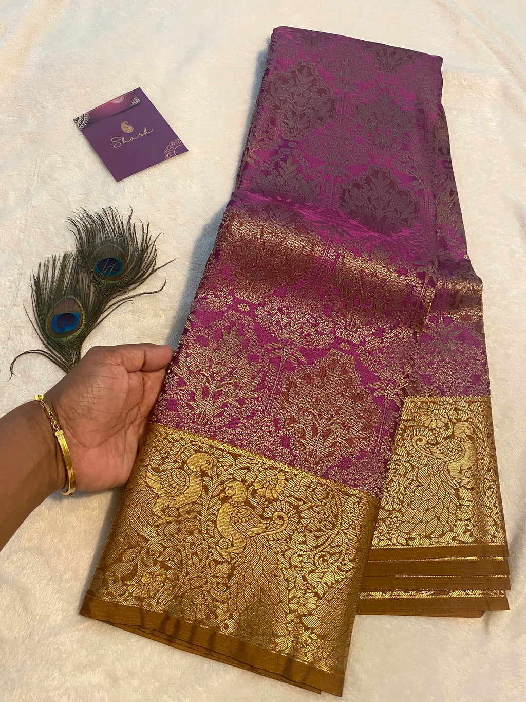 Magenta Purple and Antique Mustard Gold Semi-Kanchipuram Silk Saree with Rich Gold Zari Border