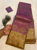 Magenta Purple and Antique Mustard Gold Semi-Kanchipuram Silk Saree with Rich Gold Zari Border