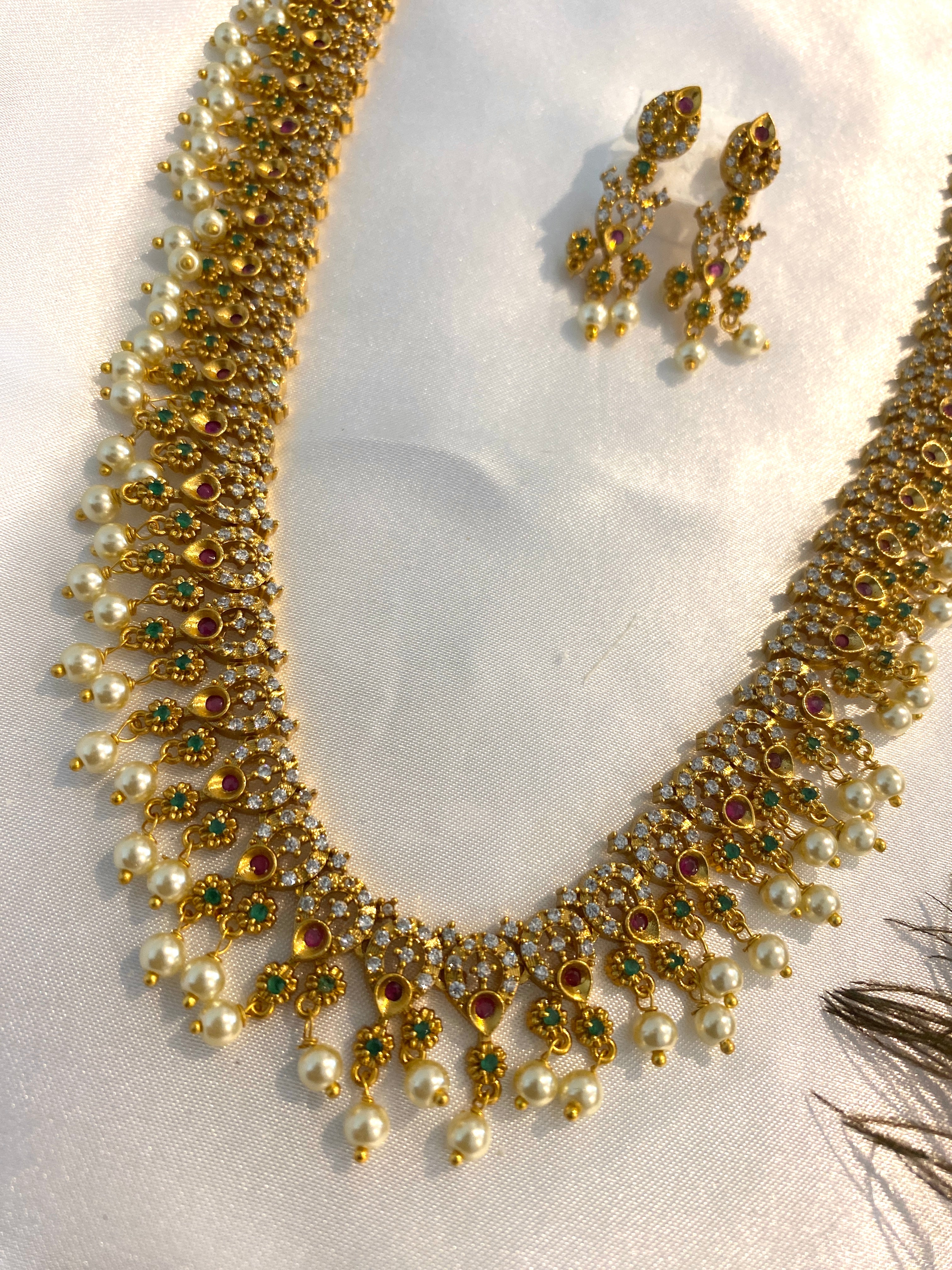 Multi-Color stones with Pearl Haram Set | Antique Gold Long Necklace