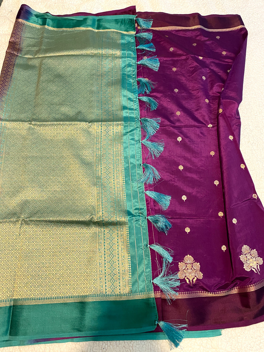 Royal Purple Semi-Soft Silk Saree with Teal Green Blouse & Pallu