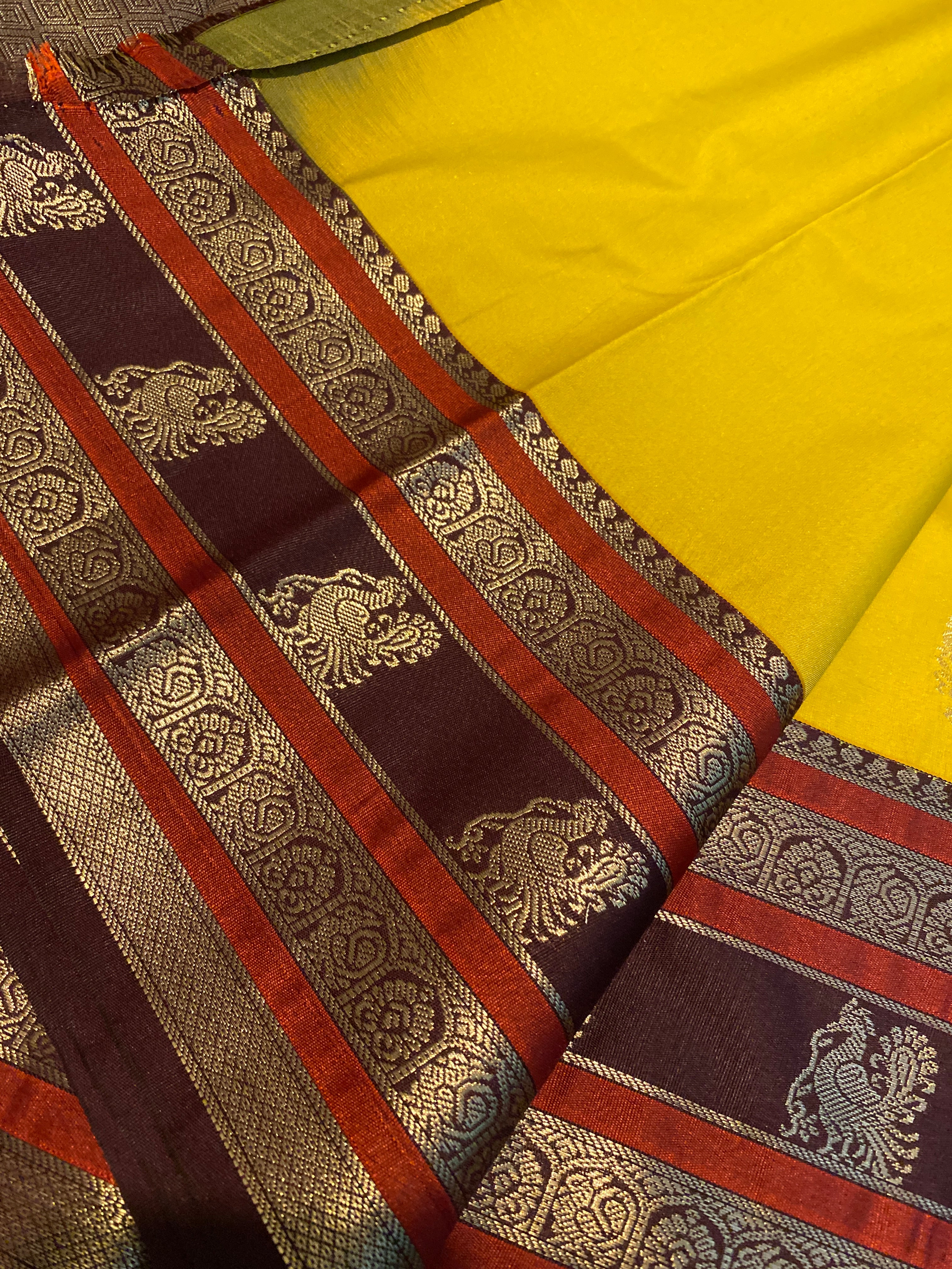 Golden Yellow & Deep Plum Semi-Kanchipuram Silk Saree with Peacock Zari Motifs