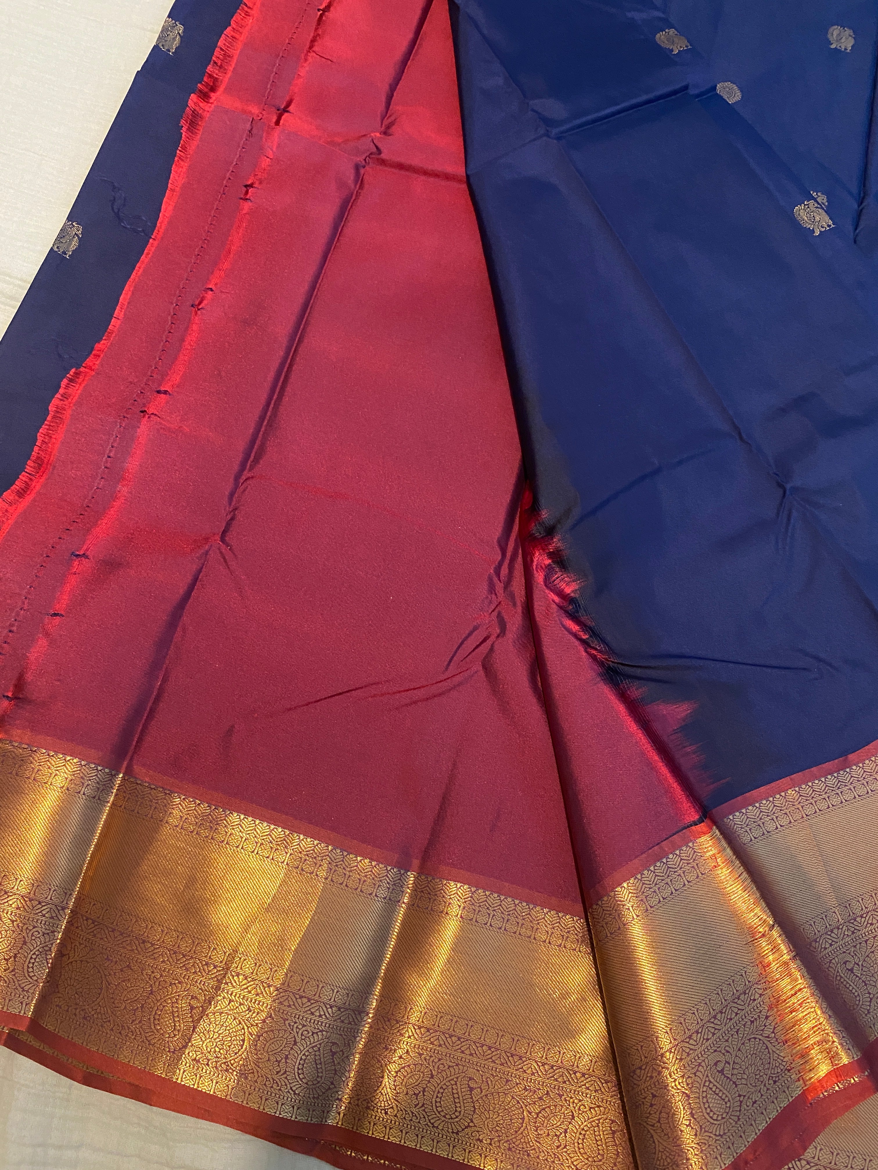 Royal Blue Semi-Kanchipuram Silk Saree with Maroon Pallu & Antique Gold Zari Border