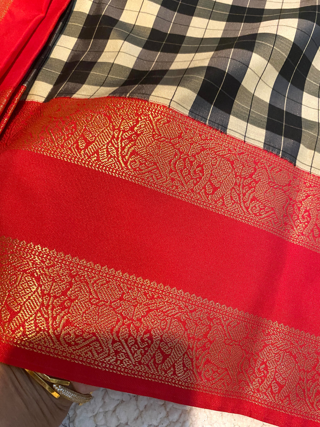 Semi-Kanchipuram Silk Saree with Checked Body, Rich Red Pallu & Gold Zari Border