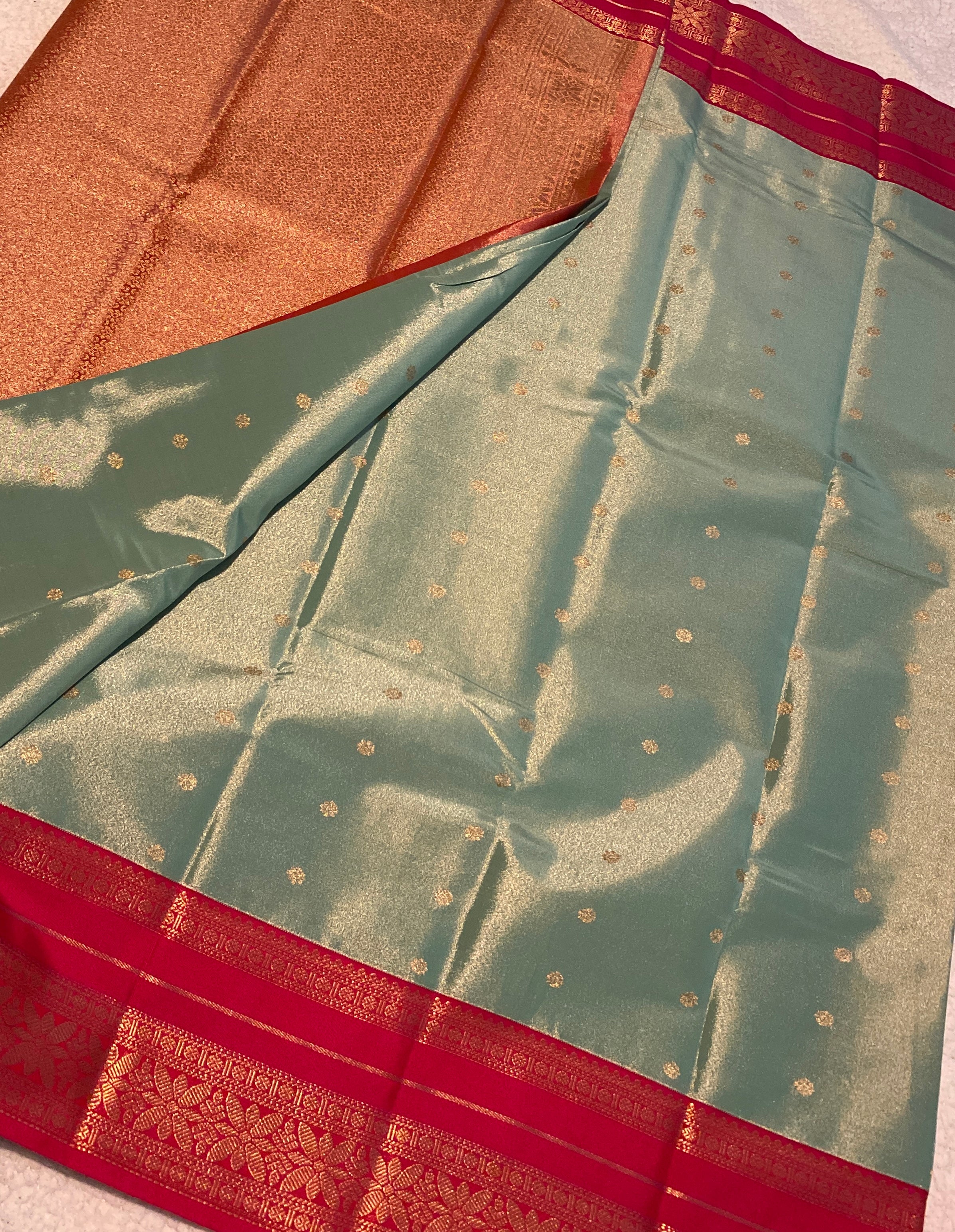 Shimmering Sage Green & Rani Pink Semi-Kanchipuram Silk Saree with Gold Zari Border