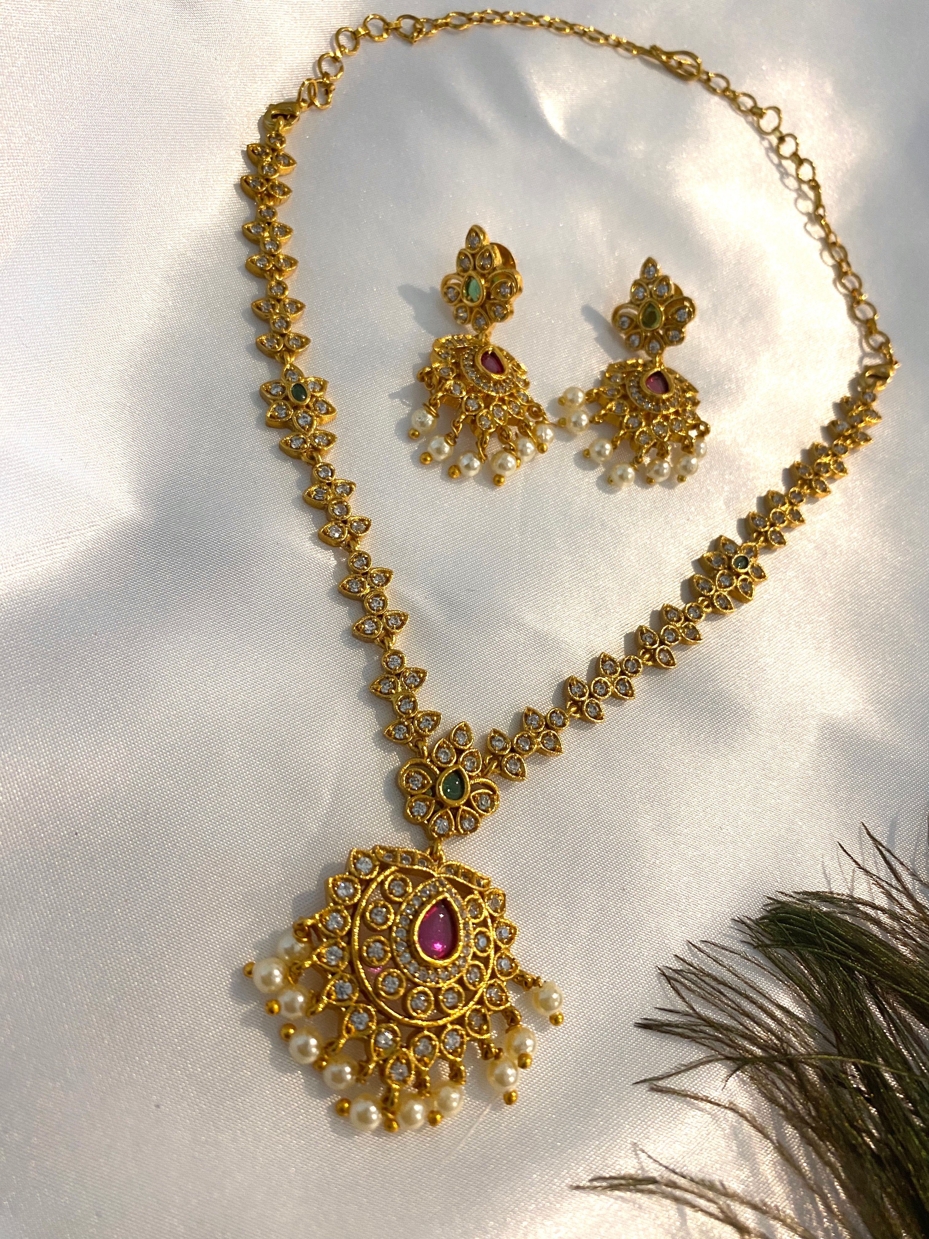 Floral Pearl Drop Necklace Set | Antique Gold Finish