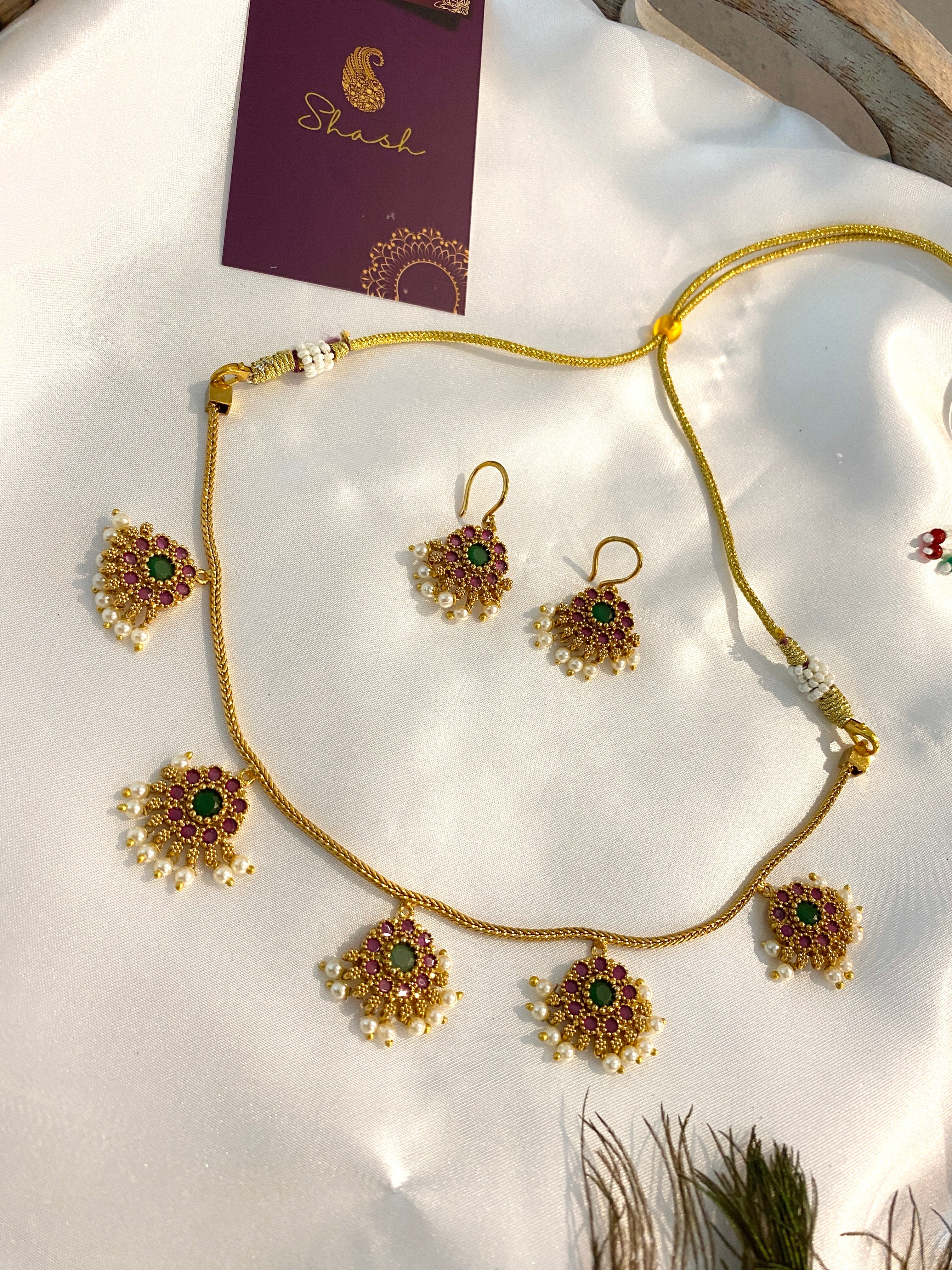 Traditional Green & Pink Stone Pearl Necklace Set with Earrings