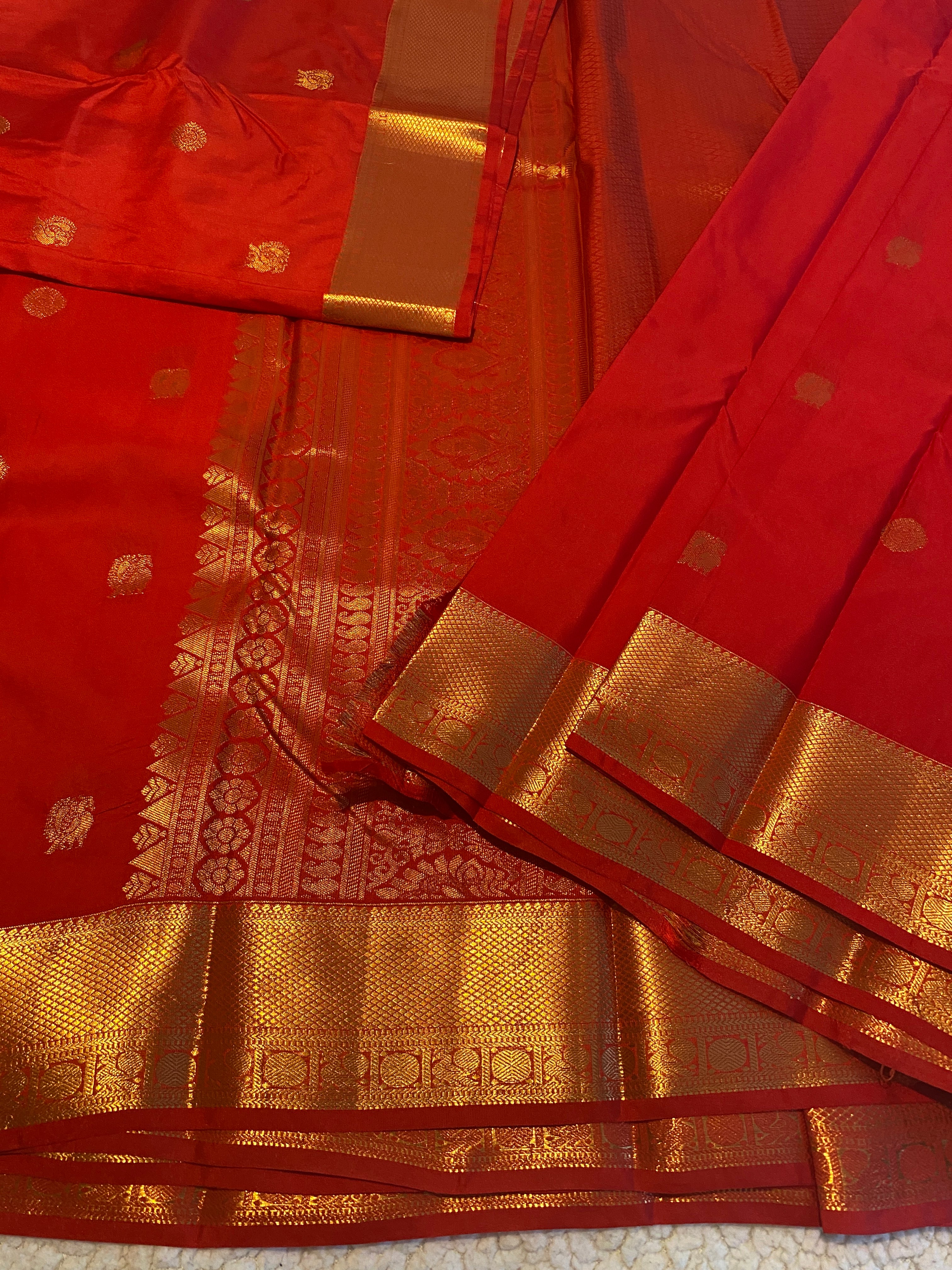 Red Semi-Kanchipuram Silk Saree with Gold Zari Border