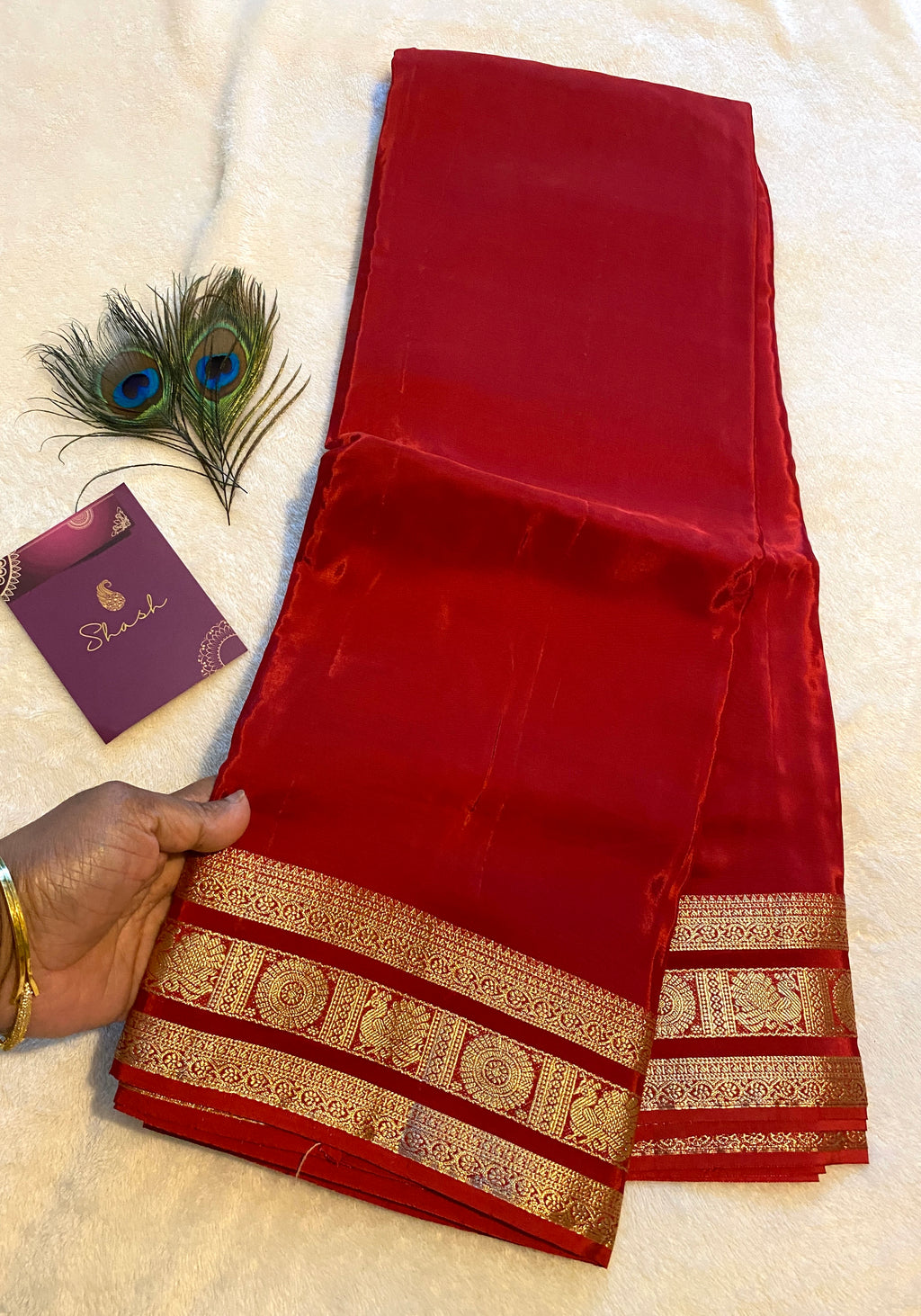 Red Satin Crepe Saree with Traditional Gold Zari Border
