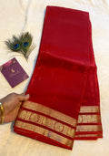 Red Satin Crepe Saree with Traditional Gold Zari Border