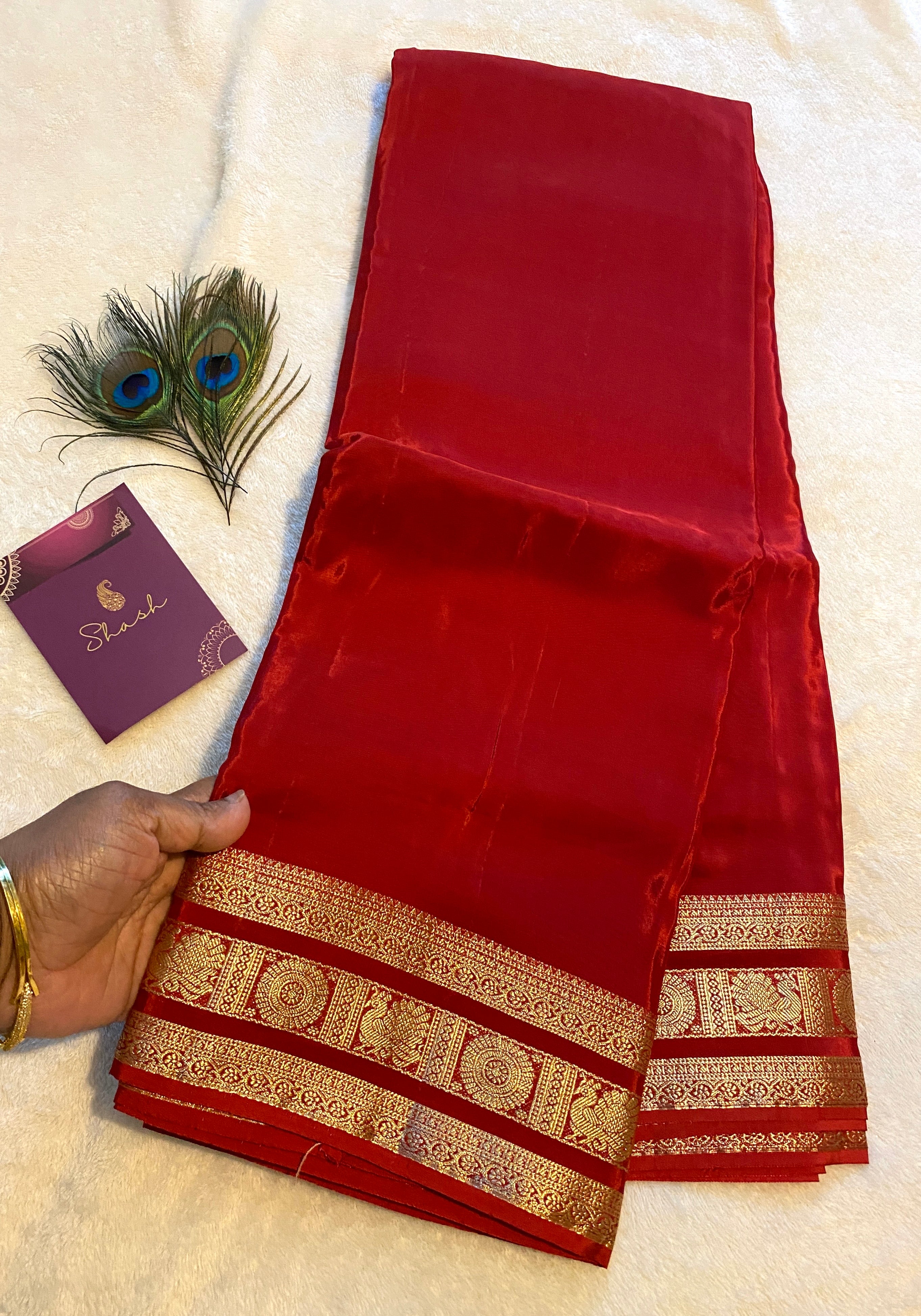 Red Satin Crepe Saree with Traditional Gold Zari Border