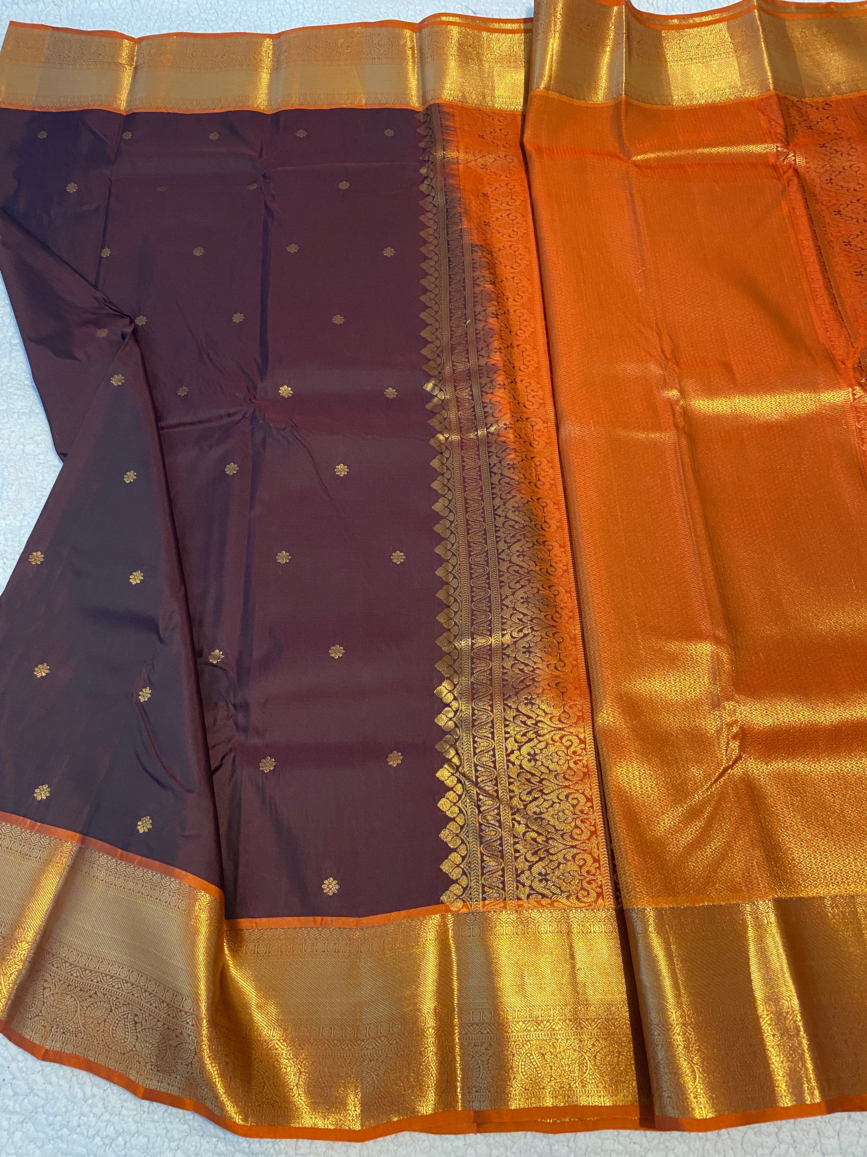 Coffee Maroon & Rust Orange Semi-Kanchipuram Silk Saree with Gold Zari Border