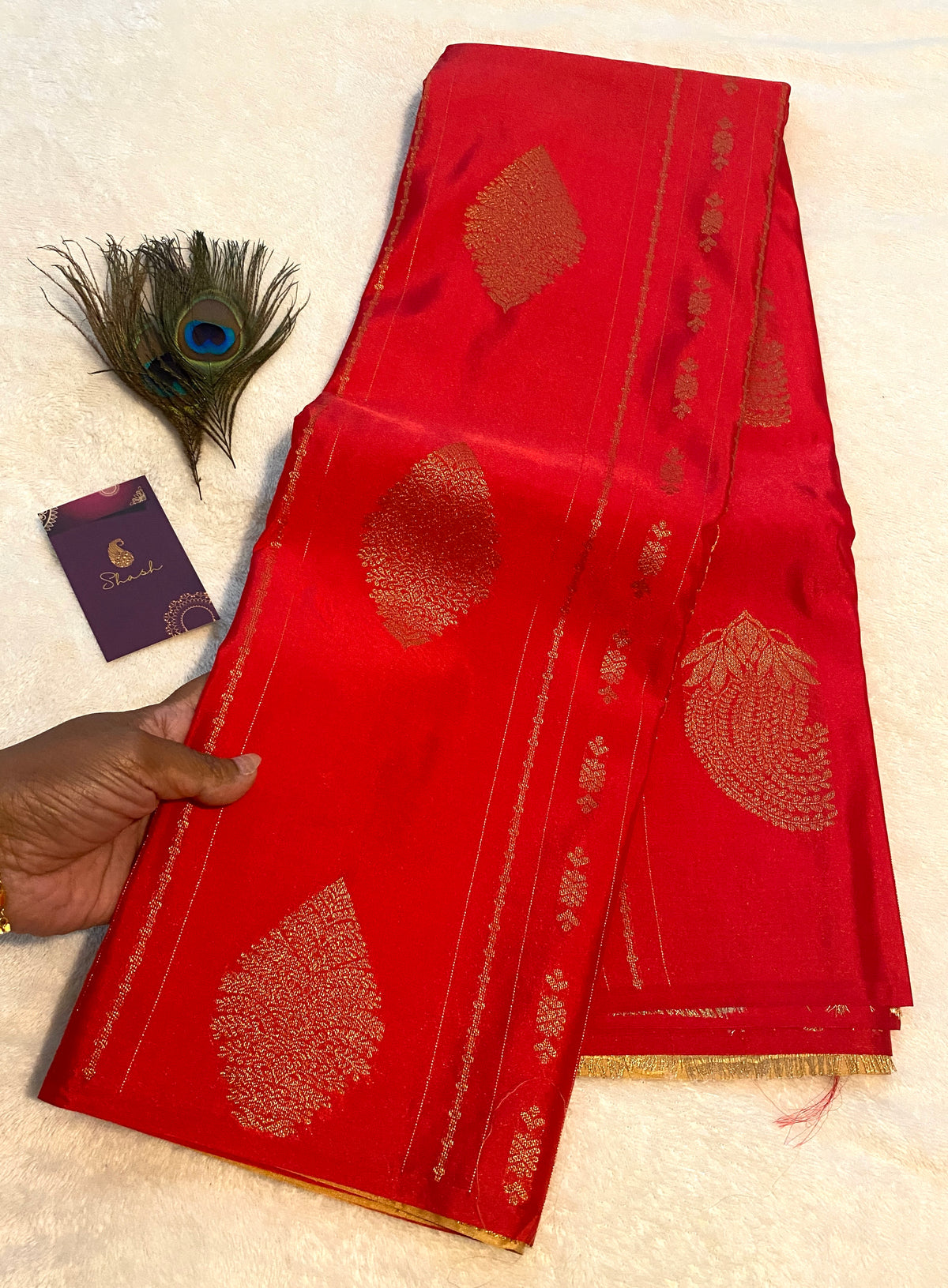Red Semi-Kanchipuram Silk Saree with Gold Zari Motifs & Rich Woven Pallu