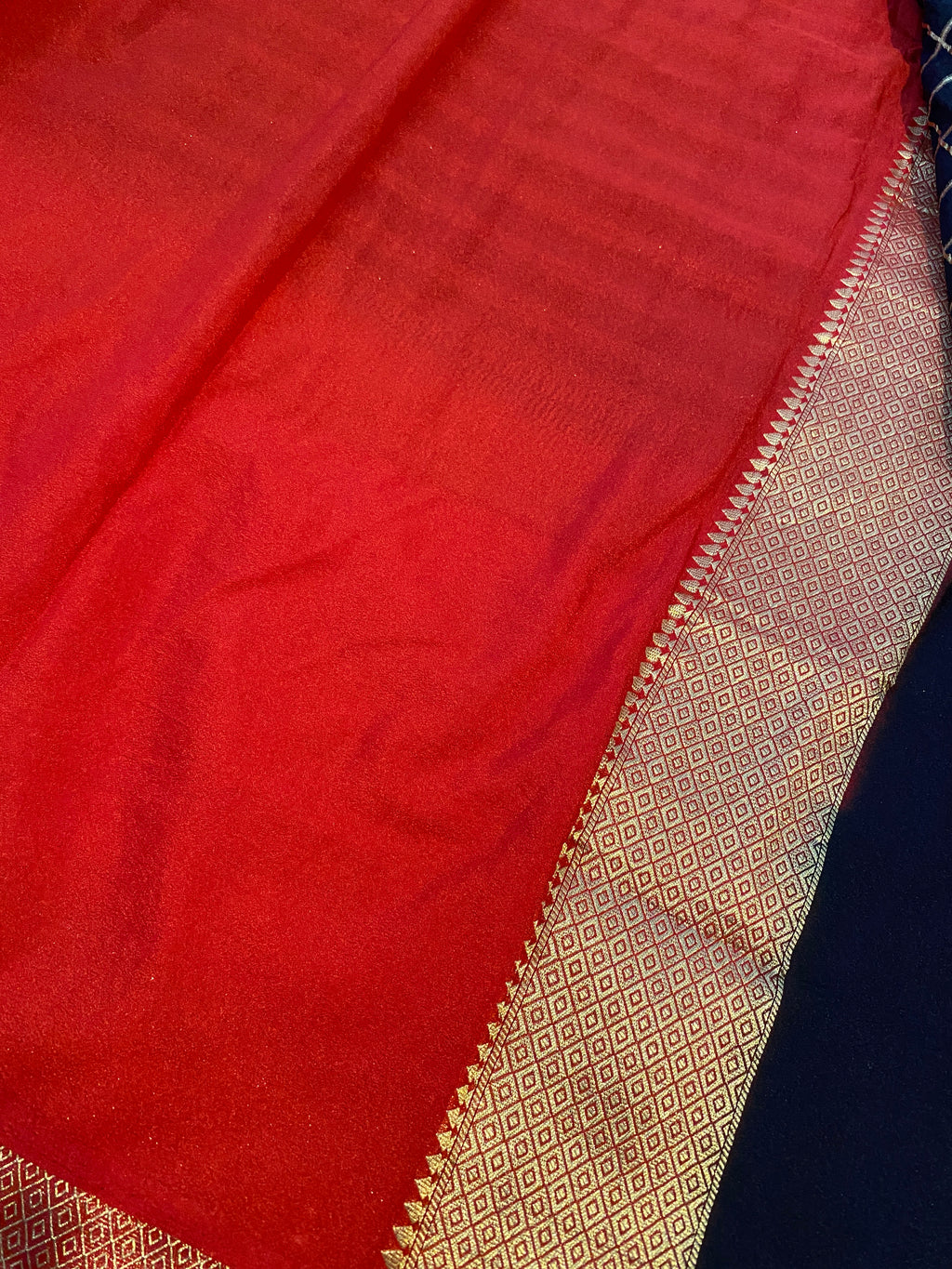 Georgette Saree in Black & Red with Gold Zari Checks