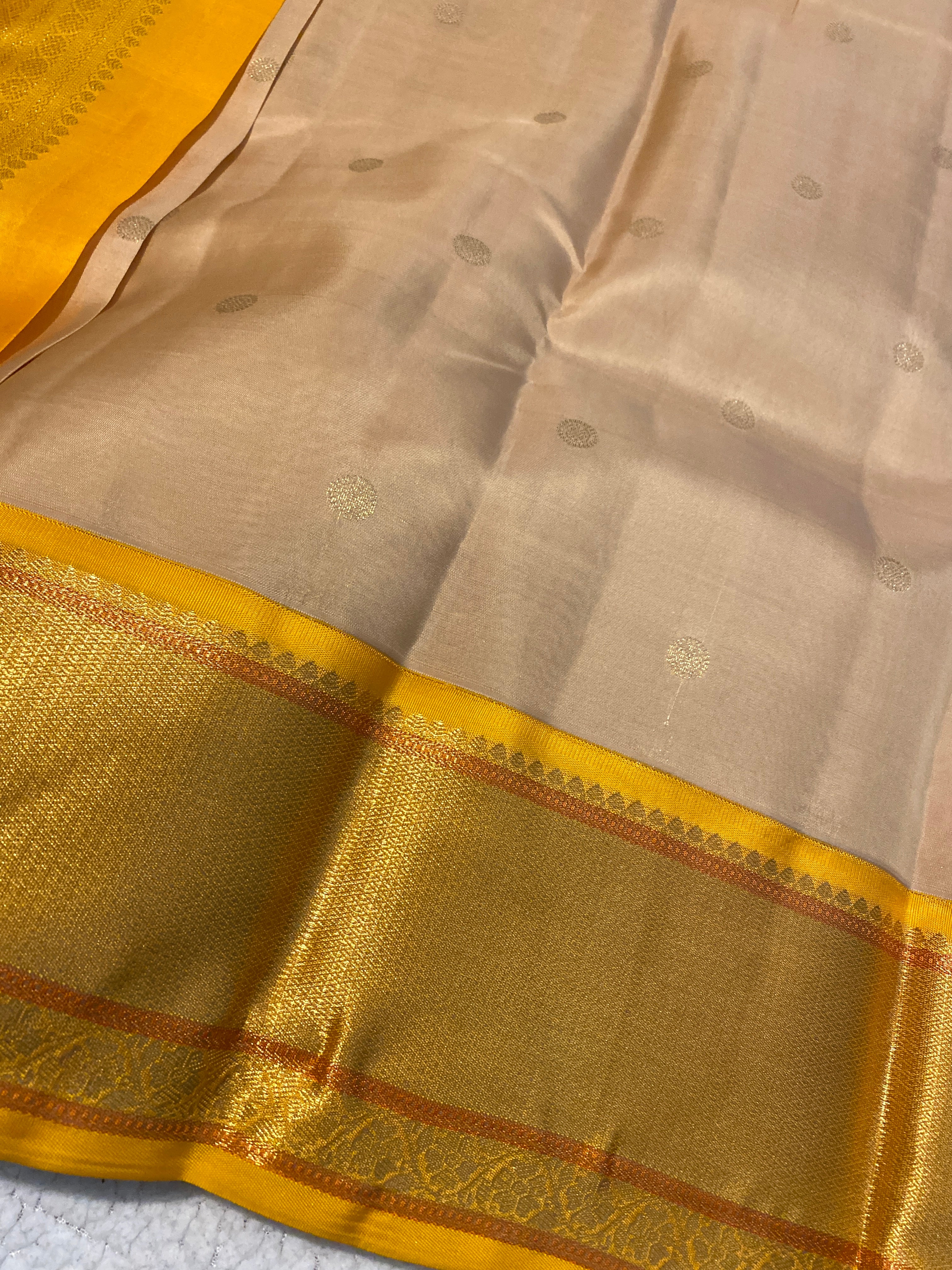 Pure Kanchipuram Silk Saree | Elegant Beige with Traditional Golden Yellow Zari Border