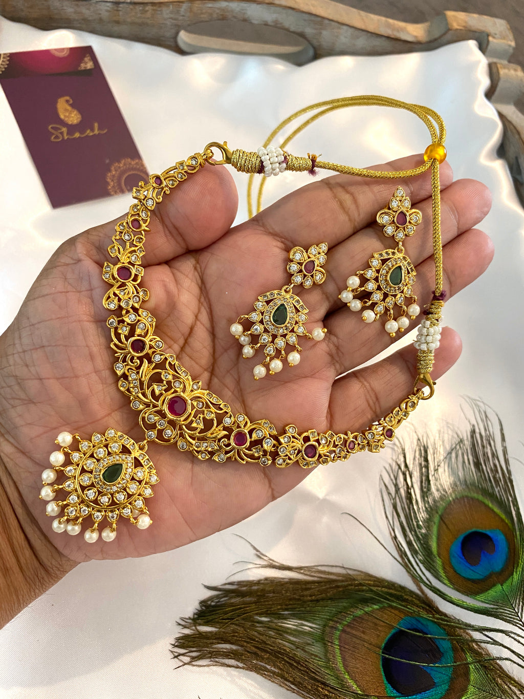 Traditional U-Shape Necklace Set with Earrings – Green & Ruby Stone with Pearl Accents
