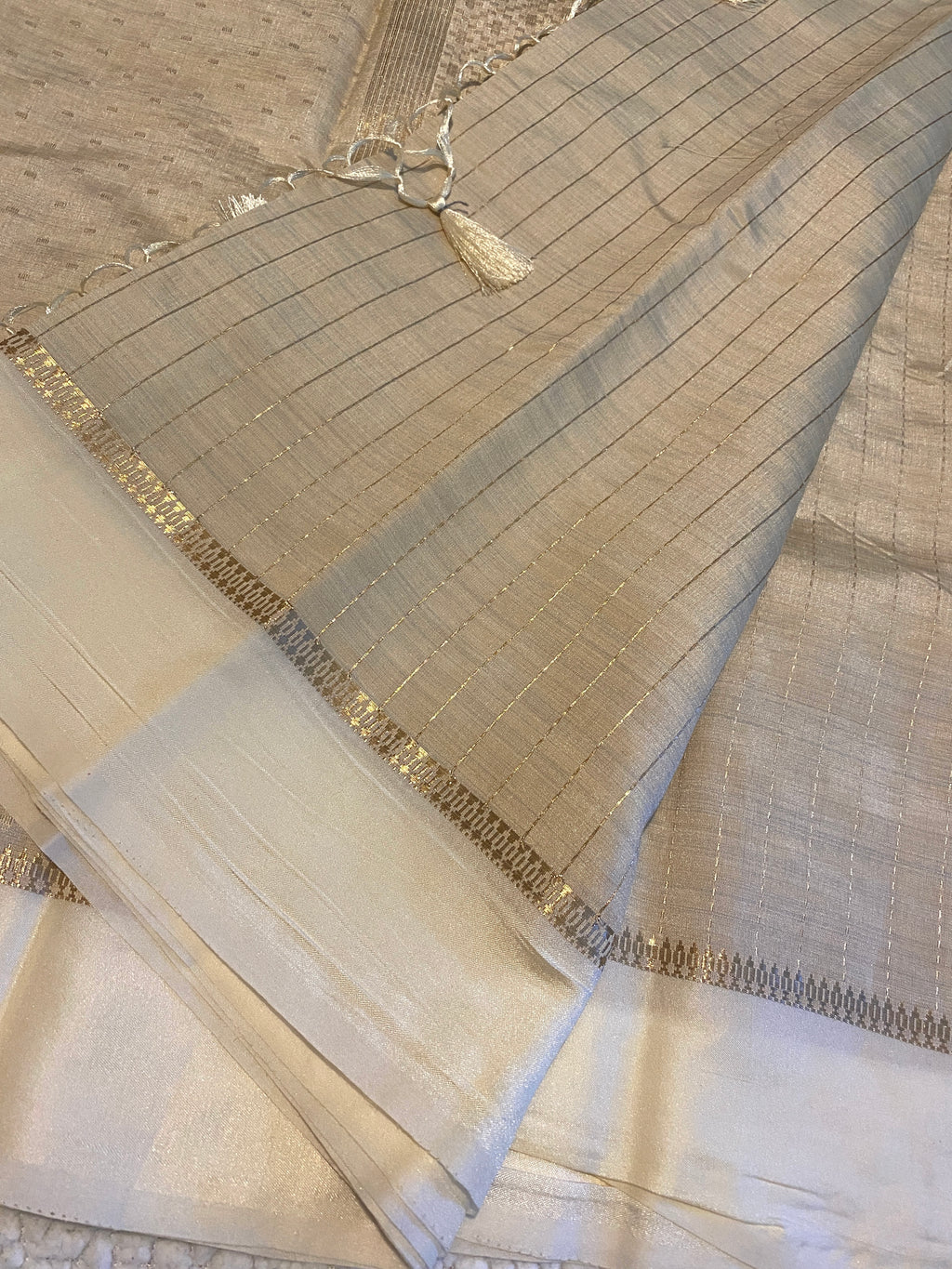 Beige Tussar Silk Saree with Satin Ivory Border & Woven Pallu