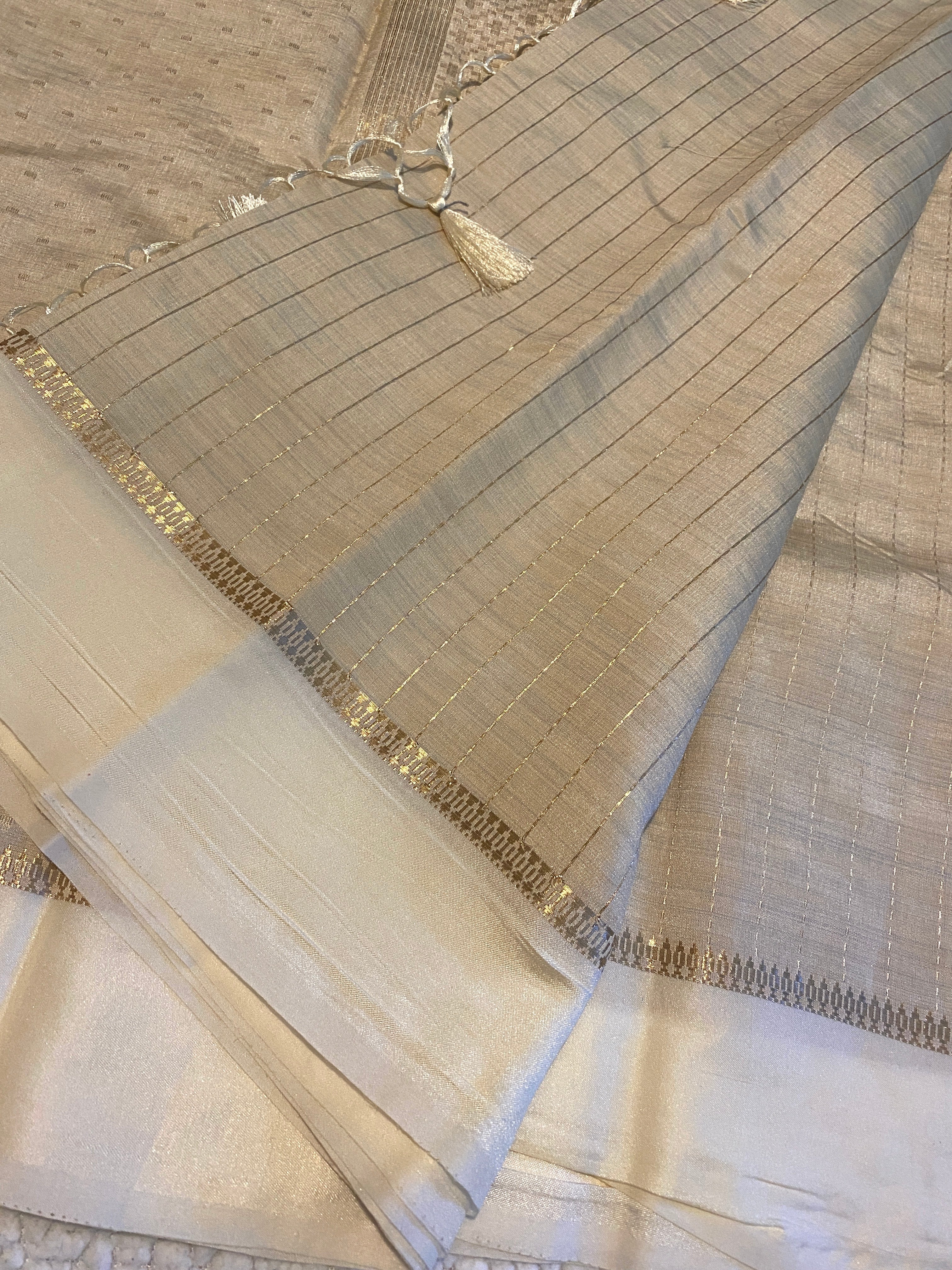 Beige Tussar Silk Saree with Satin Ivory Border & Woven Pallu