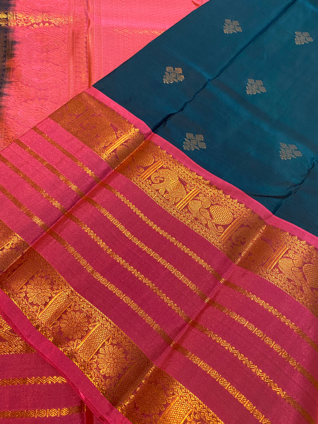 Premium Blue and Pink Semi-Kanchipuram Silk Saree with Gold Zari Border