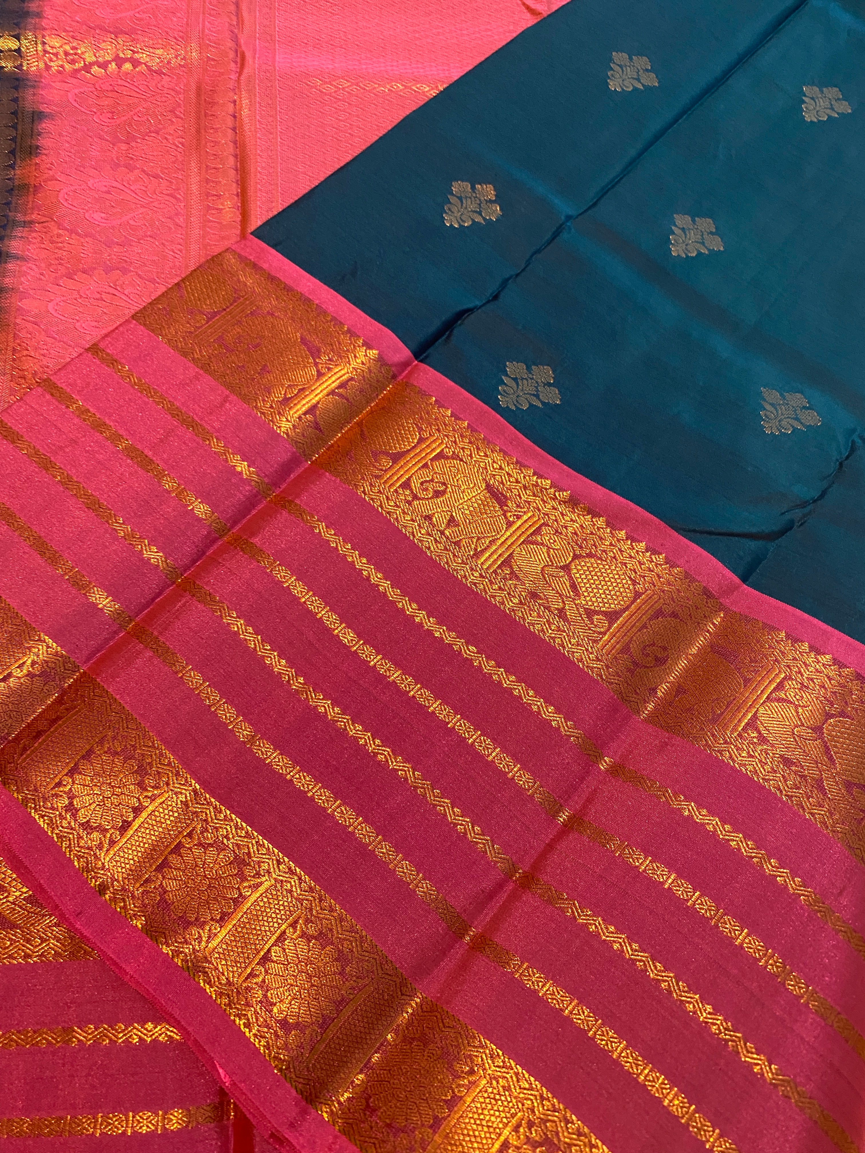 Premium Blue and Pink Semi-Kanchipuram Silk Saree with Gold Zari Border