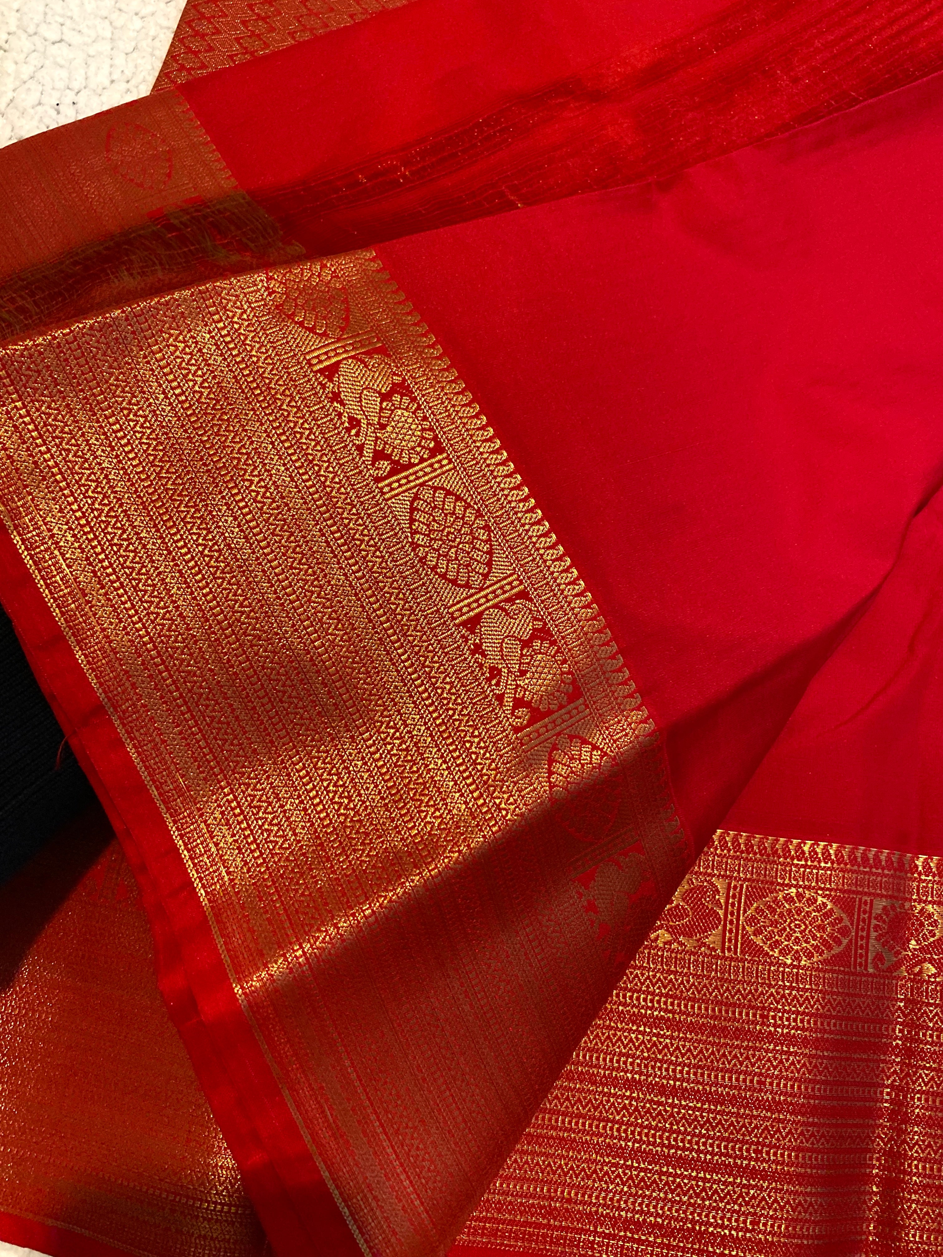 Red Semi-Kanchipuram Silk Saree with Peacock Zari Border
