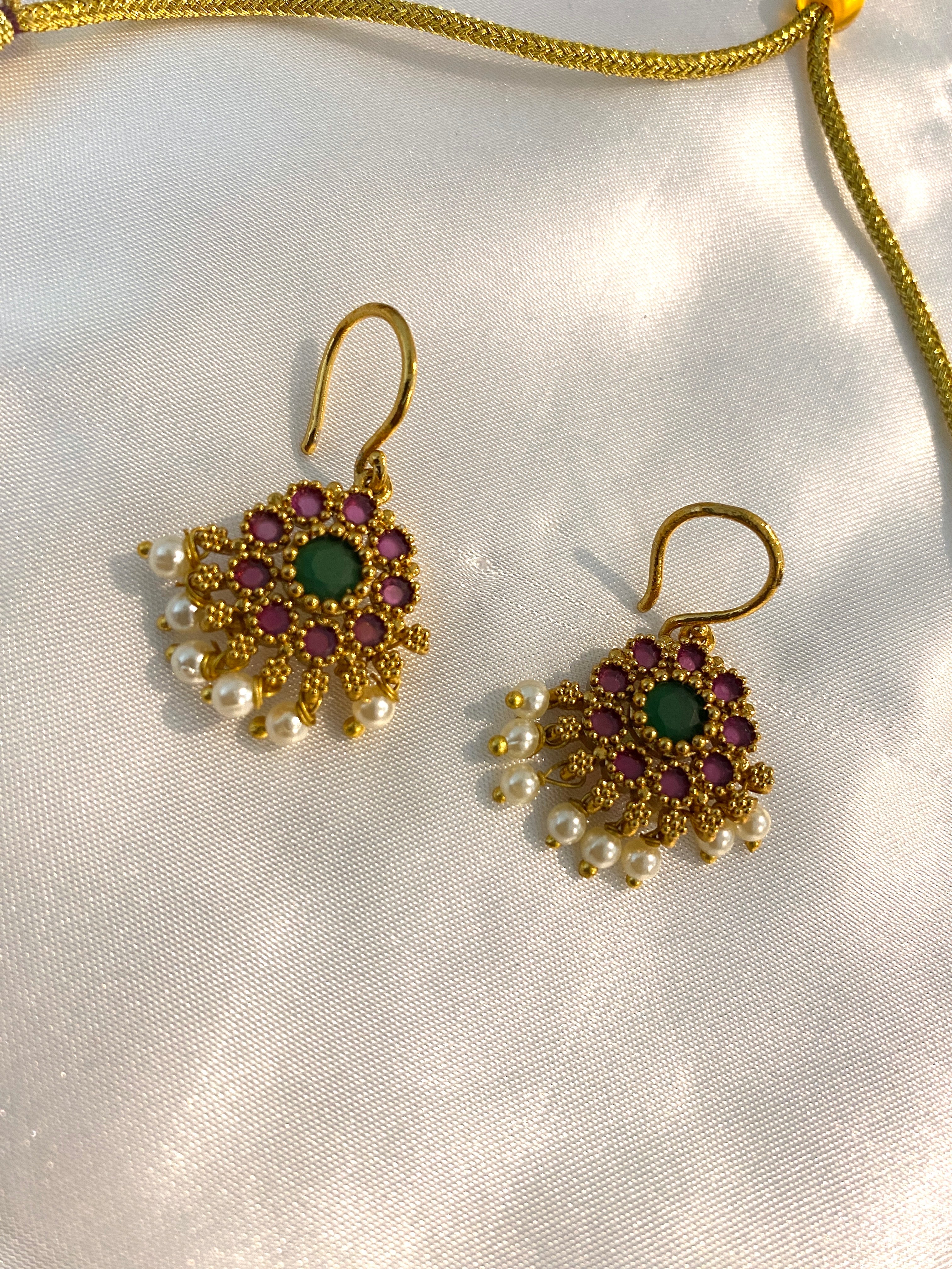 Traditional Green & Pink Stone Pearl Necklace Set with Earrings