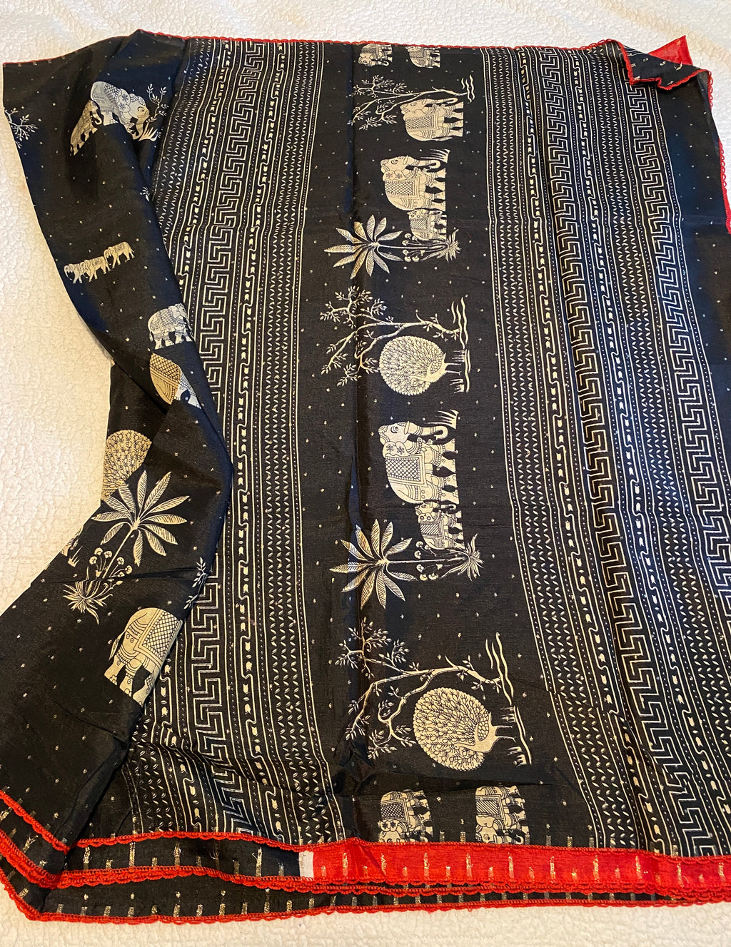 Black Fancy Cotton Saree with Elephant Motif | Elegant Ethnic Wear with Contrast Red Border