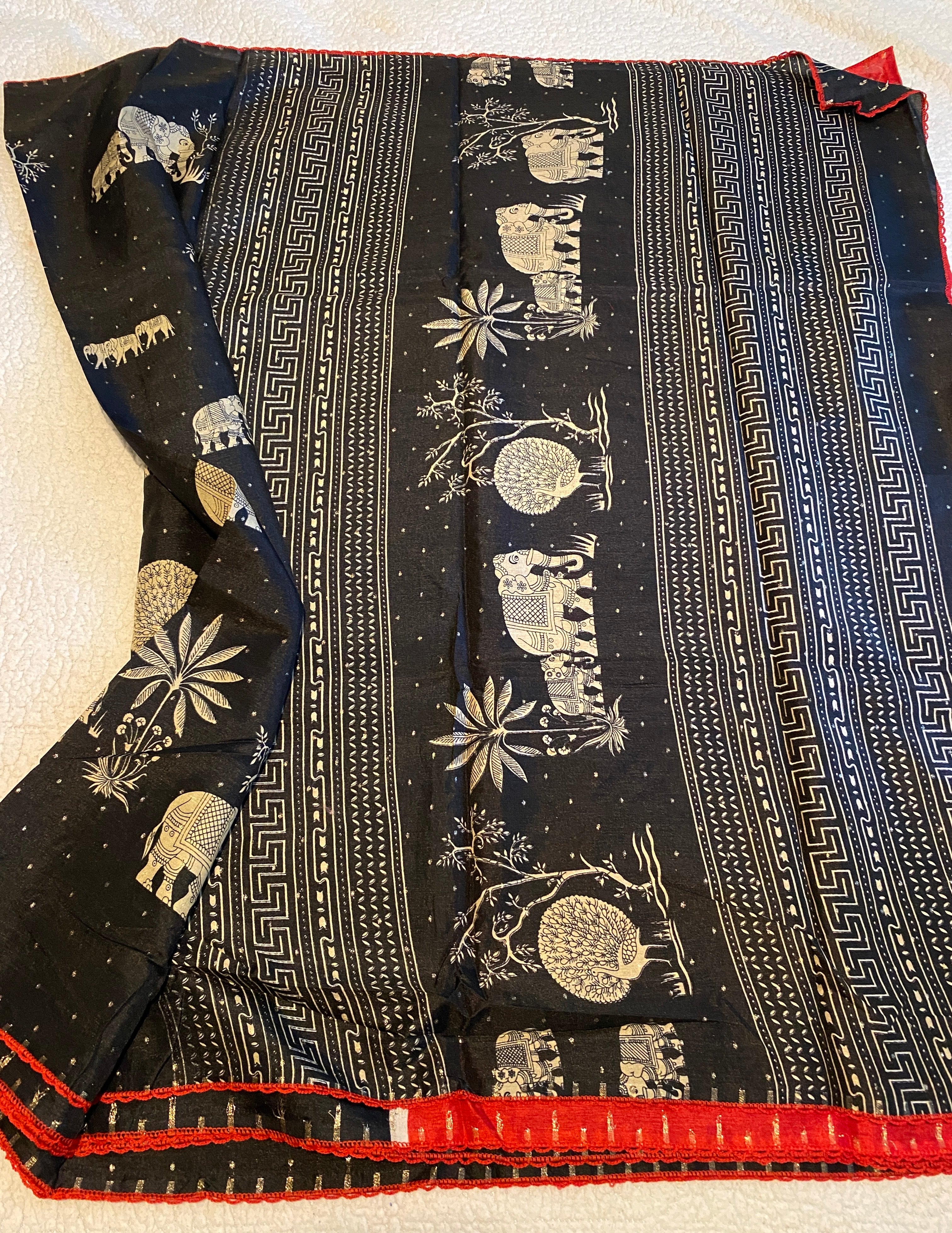 Black Fancy Cotton Saree with Elephant Motif | Elegant Ethnic Wear with Contrast Red Border