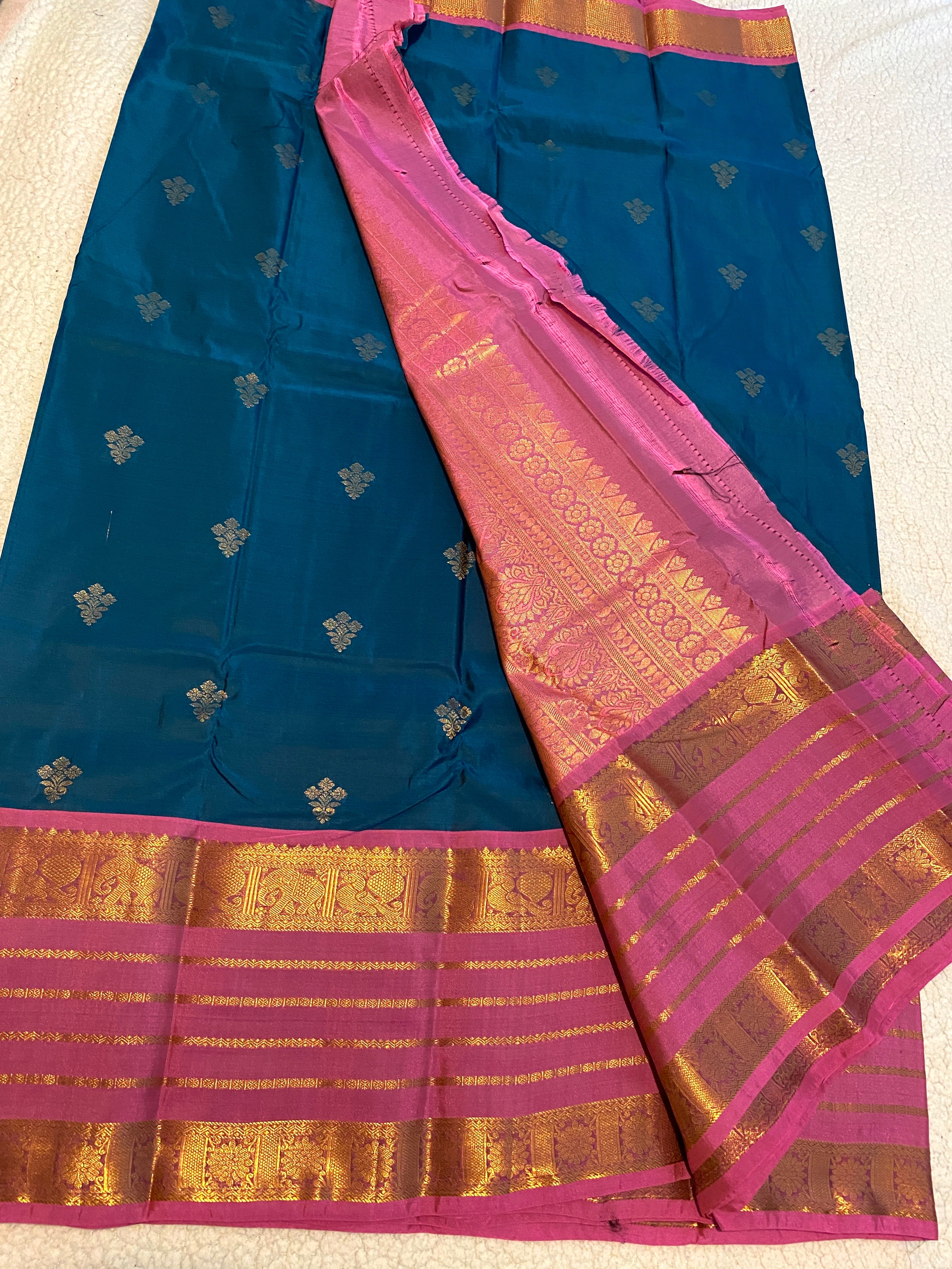Premium Blue and Pink Semi-Kanchipuram Silk Saree with Gold Zari Border